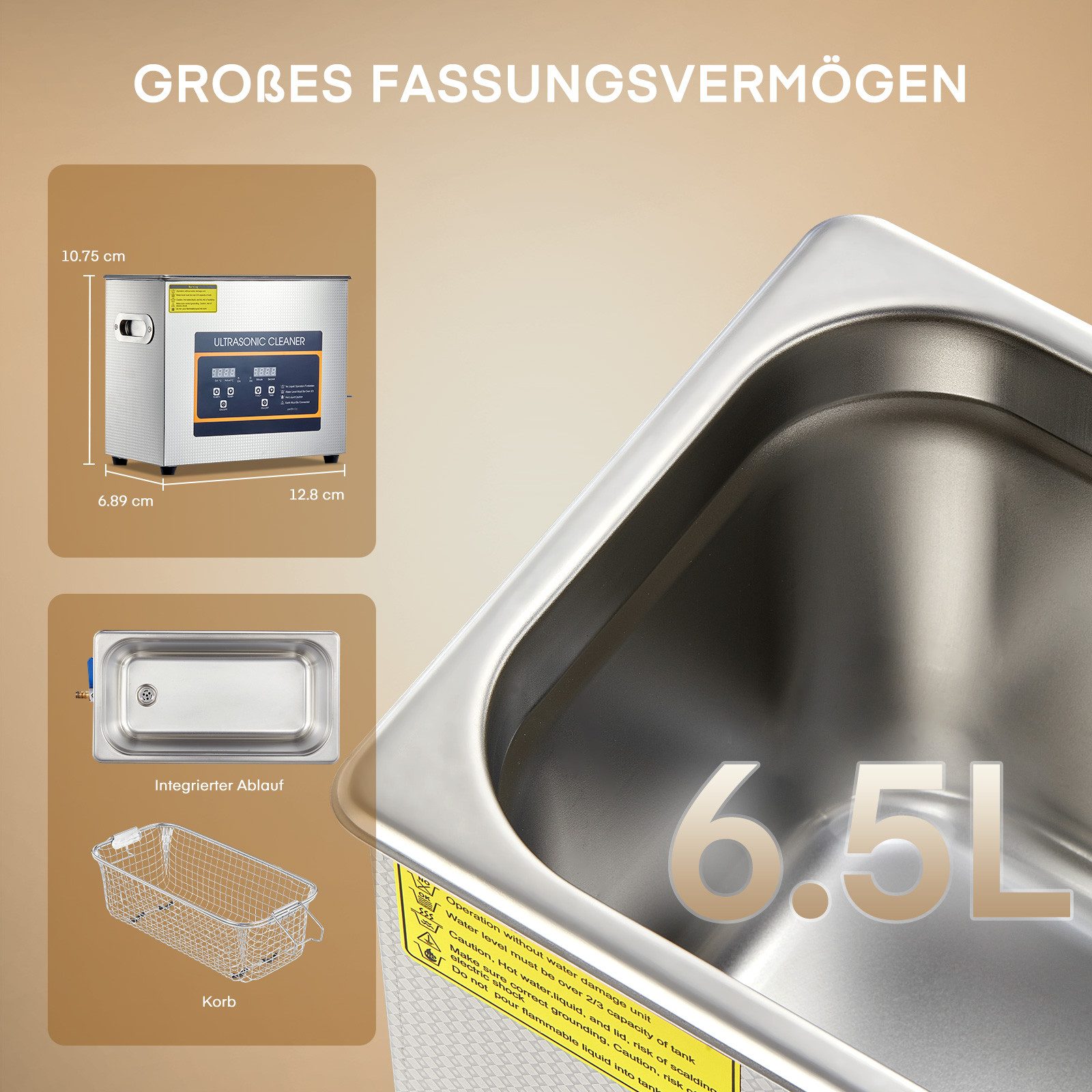 FOHERE Ultraschallreiniger 6,5 L digitaler Ultraschallreiniger mit Heizungstimer, 304 Edelstahl, mit rutschfesten Silikonfüße und LED-Bedienpanel