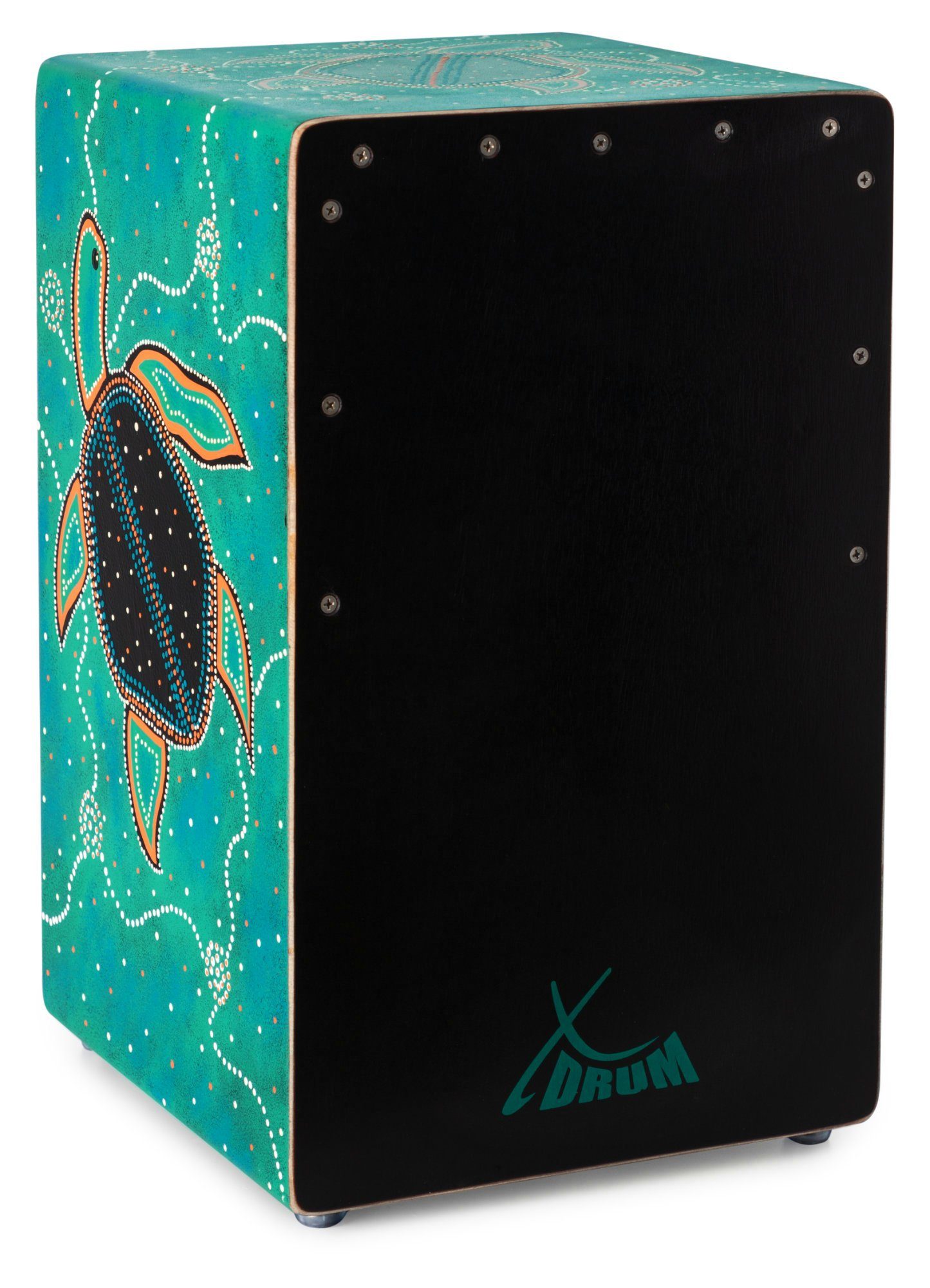 XDrum Cajon Handbemalte Designer-Cajon mit Dot Art-Schildkröten "Turtle", Bass Port & Snare Teppich mit 20 Spiralen