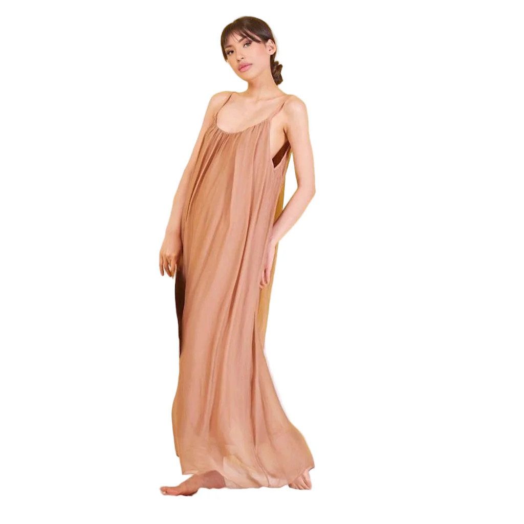 BZNA Sommerkleid Langes Ibiza Boho Style Sommerkleid aus Seidenchiffon Seidenkleid mit Pailletten am Träger