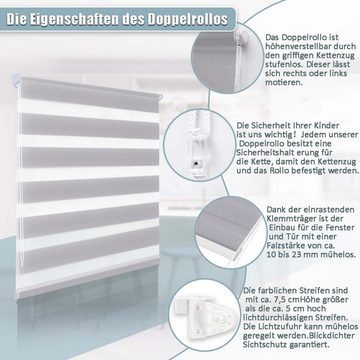 Doppelrollo Ohne Bohren, Grau/Grün/Grün-Grau-Weiß, OUBO, freihängend, verspannt, Klemmträger,klemmfix, Lichtschutz schnelle und einfache Montage mit beiliegendem