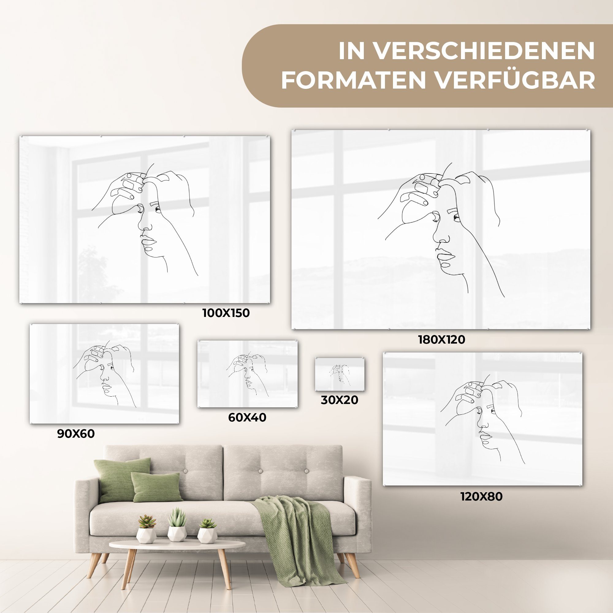 Acrylglasbilder (1 Wohnzimmer Frau Strichzeichnung, Schlafzimmer Acrylglasbild St), - & - Porträt MuchoWow