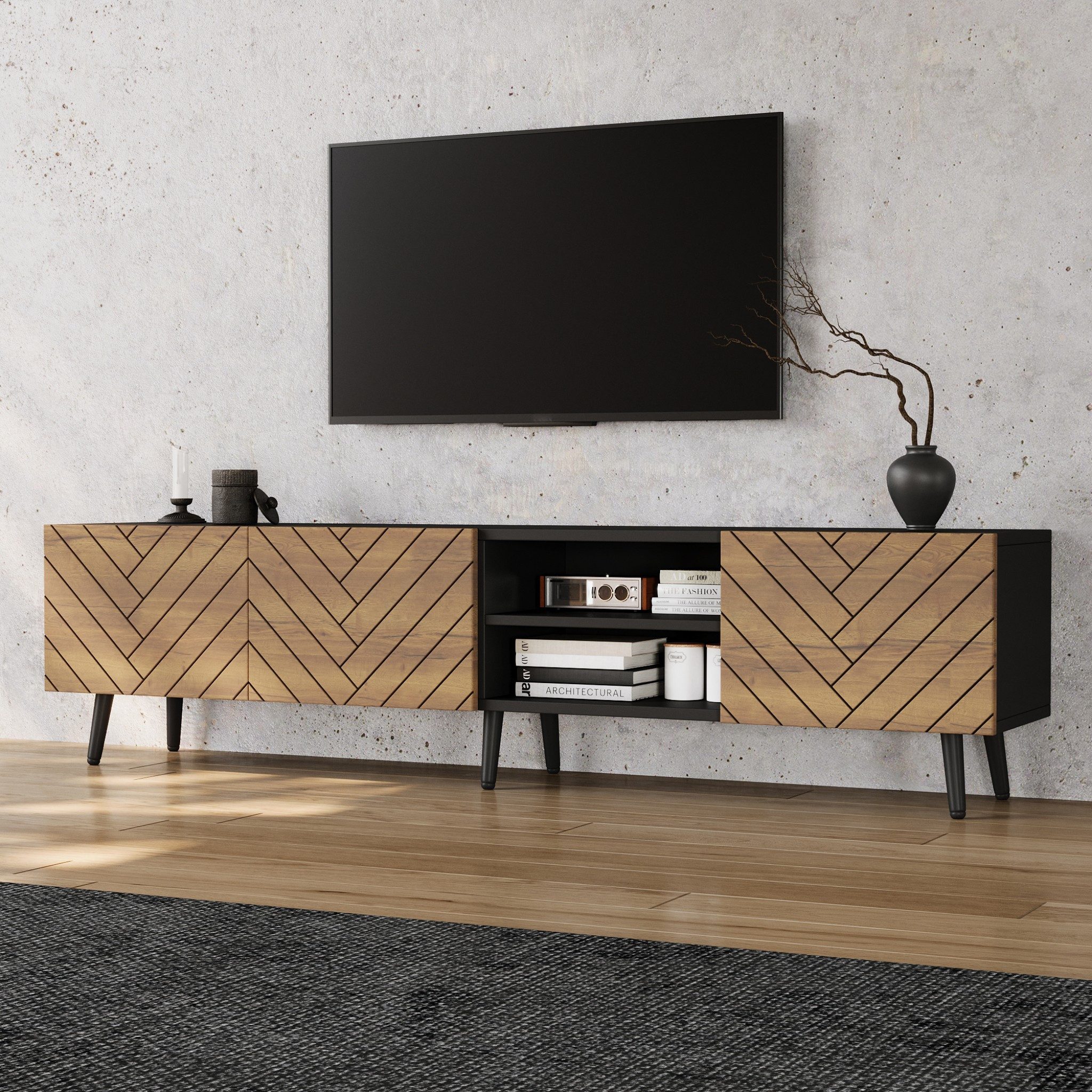 BlingBin Lowboard TV Schrank 180 cm mit Fischgrätenfront, offenem Mittelfach (Fernsehschrank, 1 St., TV Lowboard 180x33,5x45 cm), TV-Schrank in Holzoptik/Schwarz, für Fernseher bis 75 Zoll