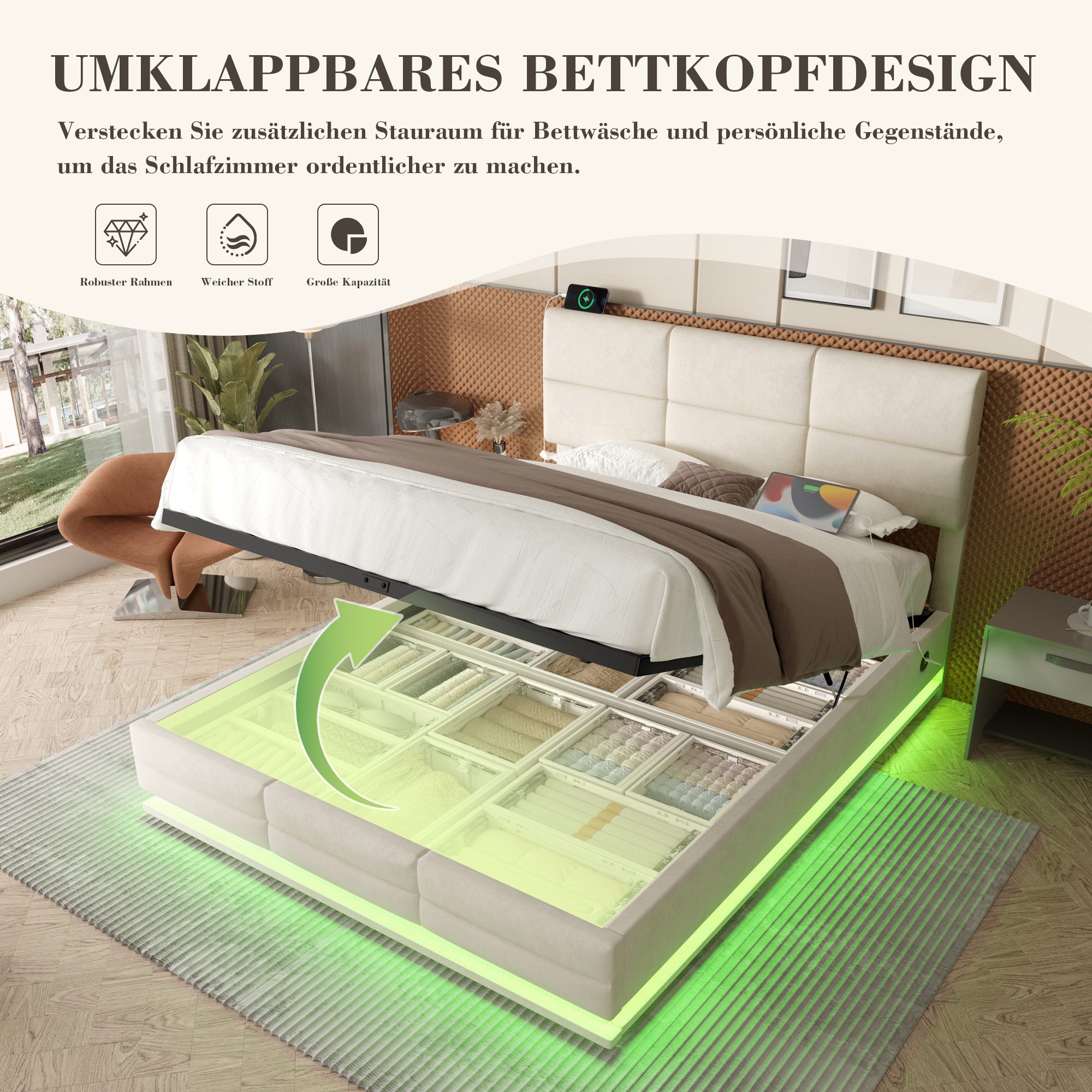 Celya Polsterbett mit höhenverstellbarem Kopfteil und LED-Ambientebeleuchtung (ohne Matratze, Inkl. USB und Type-C-Anschlüsse), mit hydraulischem Lift-System un – Bild 5 von 5