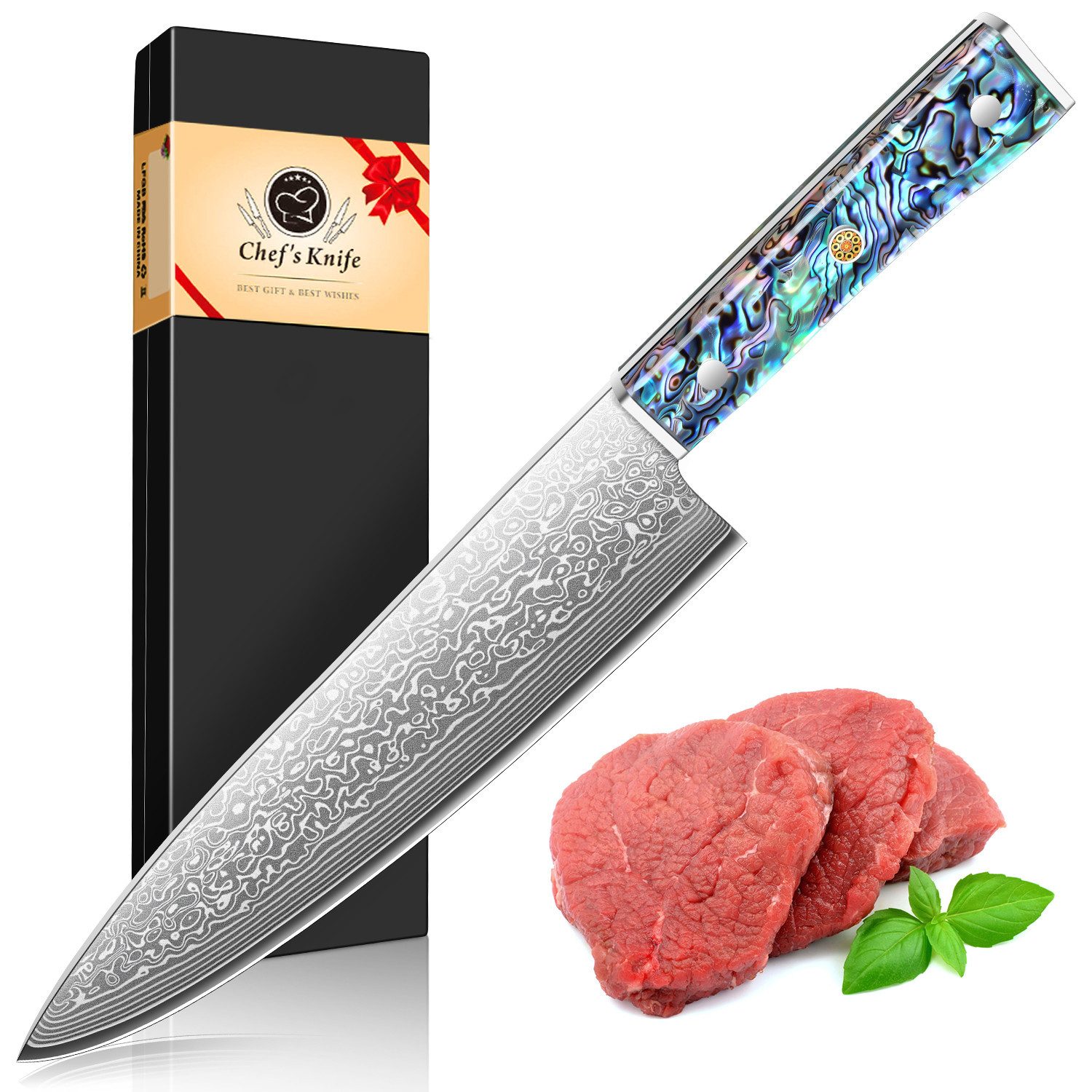 KingLux Damastmesser Damast Chefmesser Küchenmesser VG10-Stahl Abalone Muschel Griff