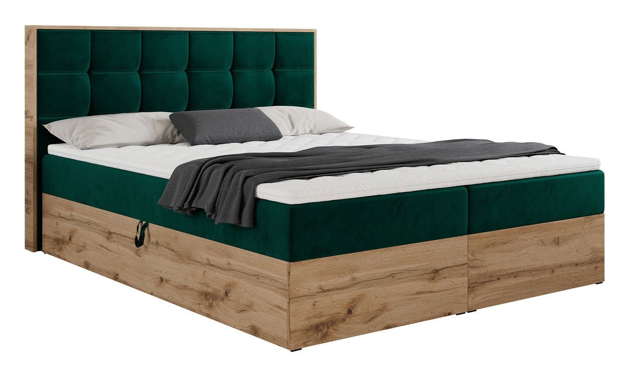 MÖBEL 1, MKS Praktisch Doppelbett, Boxspringbett Holzrahmen, ALBERO Multipocket-Matratze, Eiche