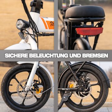 EVERCROSS TECH E-Bike 16-Zoll faltbares Elektrofahrrad kompakt für die Höhe 150-185CM, 1 Gang, 250W Heckmotor, Reichweite bis zu 45KM,mit Stoßdämpfender Sitz, klappbare Pedale