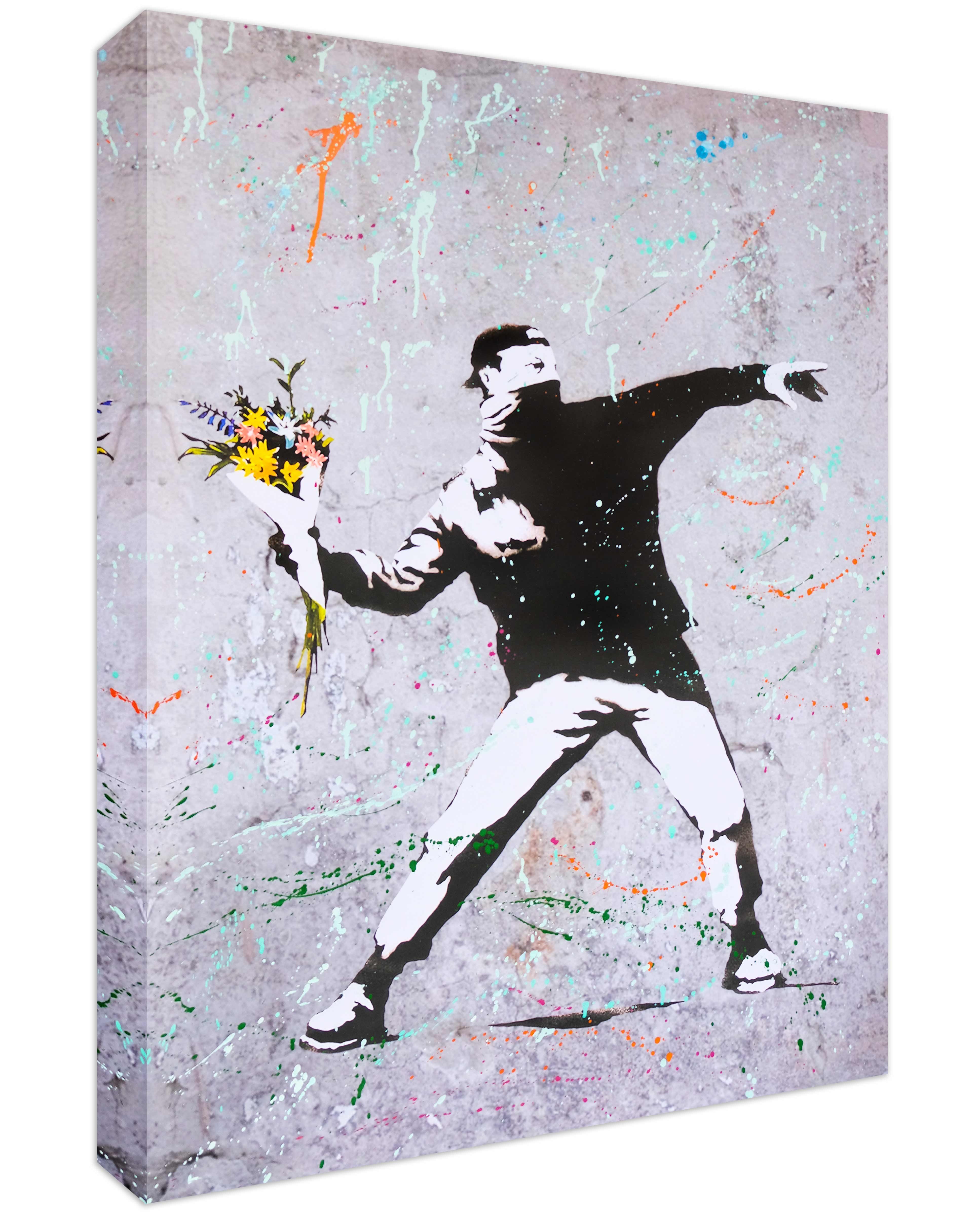 Leinwando Leinwandbild Banksy Flower Riot Bunt - Hoch / Street Art Bild zum Aufhängen