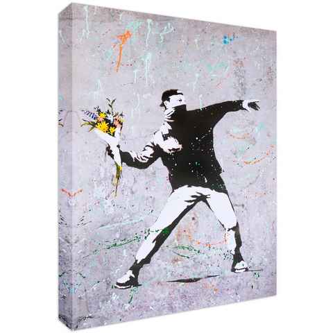 Leinwando Leinwandbild Banksy Flower Riot Bunt - Hoch / Street Art Bild zum Aufhängen