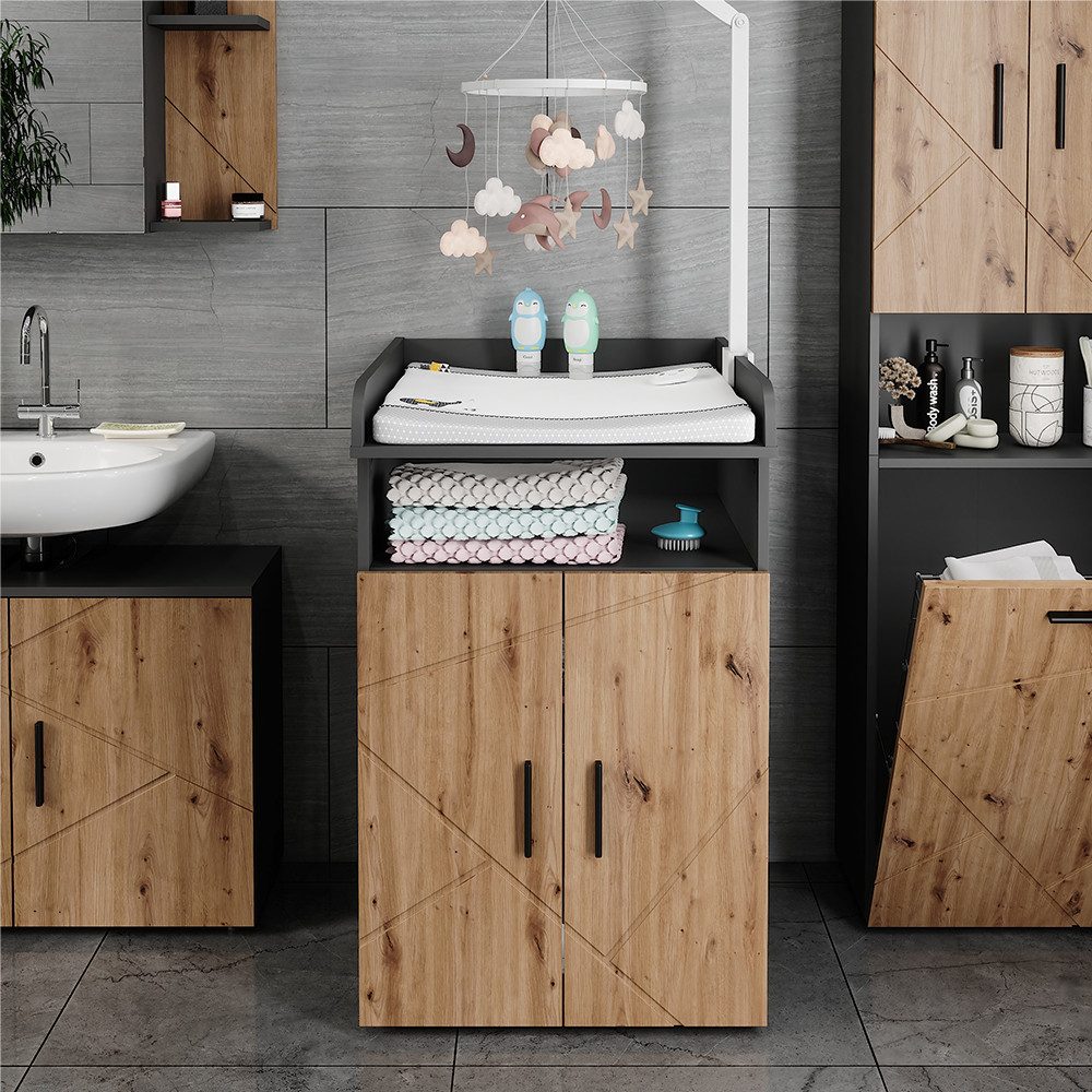 Vicco Wickelkommode Irma, Anthrazit/Goldkraft Eiche, 60 x 97 cm mit Wickelaufsatz