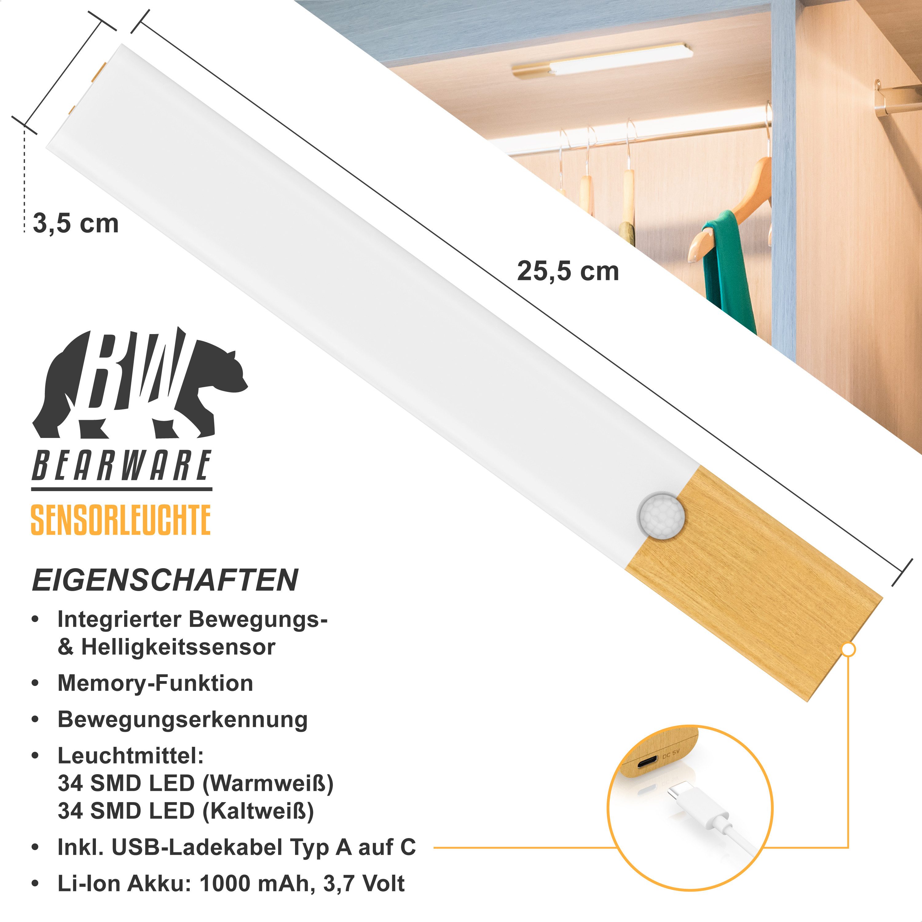 BEARWARE Unterschrankleuchte Schranklicht mit Bewegungsmelder, Akku, 3 Farb günstig online kaufen