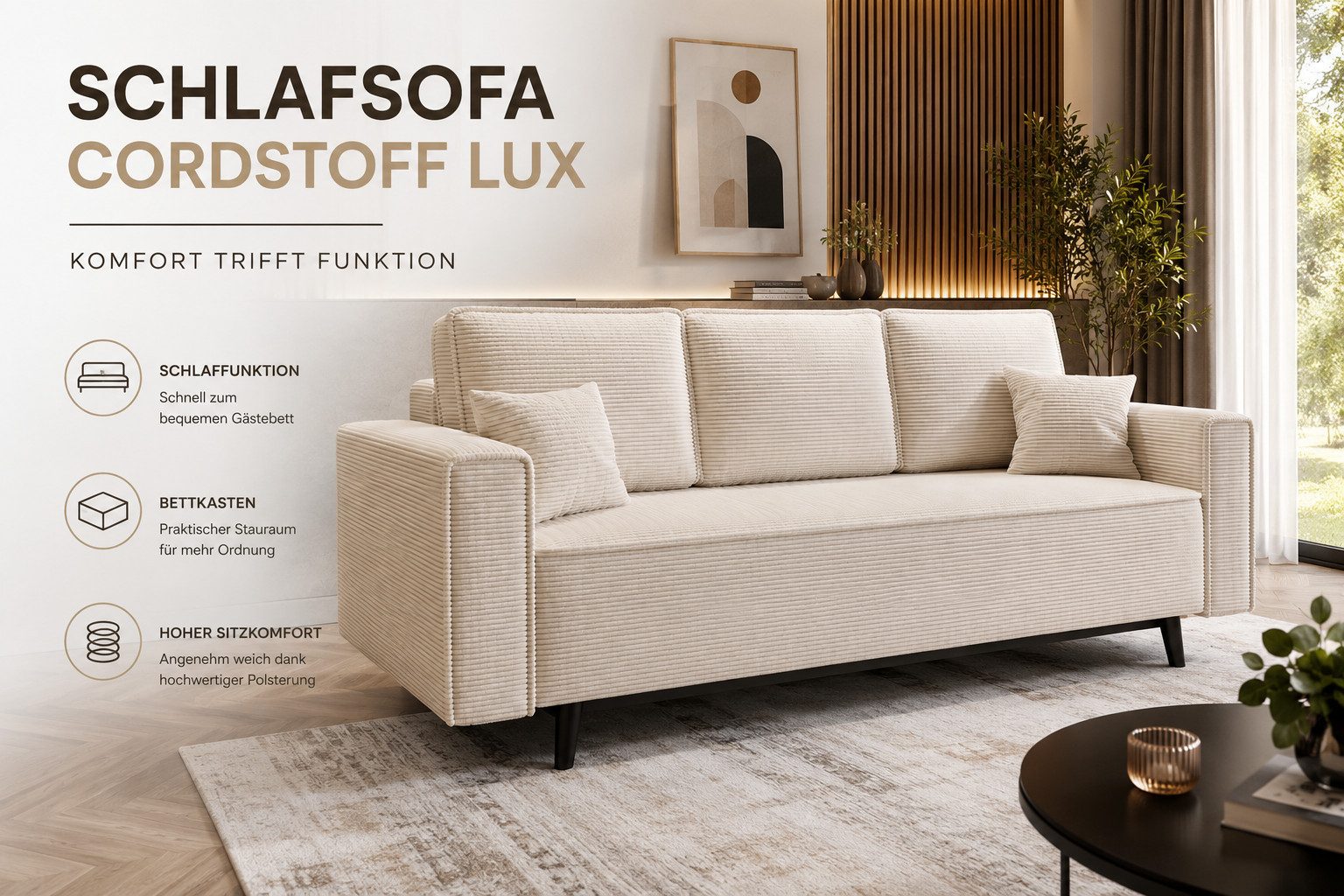 Goldstoff Schlafsofa Cordstoff - LUX 225 cm - Sofa mit schlaffunktion und Bettkasten, Einzelsofa / Couch mit Schlaffunktion - Liegefläche 200 × 124 cm – Bild 4 von 5
