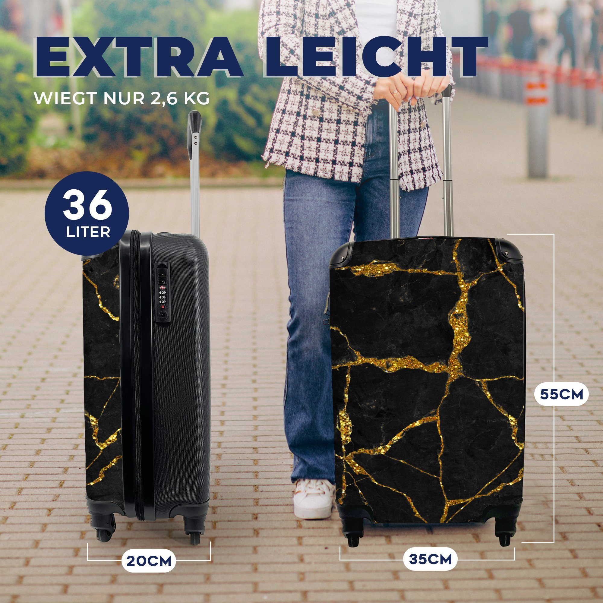 rollen, Reisetasche - Schwarz Ferien, für Gold Handgepäckkoffer - Trolley, MuchoWow Marmor - 4 mit Glitter, Reisekoffer Rollen, - Handgepäck Marmoroptik