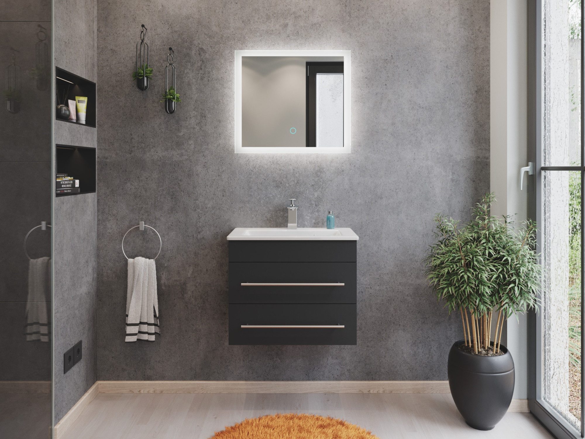 Magnolia Home Badmöbel-Set Badmöbel Mars 600 2-teilig mit LED Spiegel SlimLine grafit