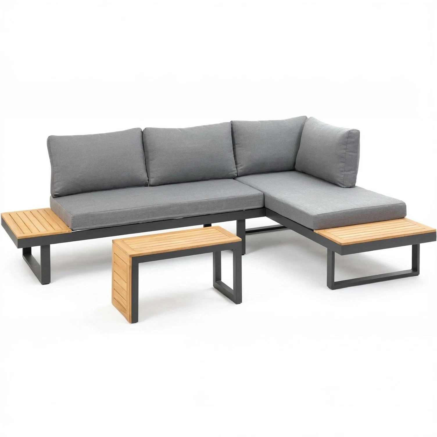 Greemotion Gartenlounge-Set Samara, Loungemöbel Outdoor, Holz/Grau inkl Auflagen & Tisch, (inkl. Auflagen), 3-tlg)