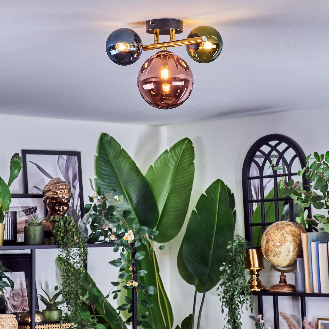 hofstein Deckenleuchte Deckenlampe aus Metall/Glas in Schwarz/Gold/Grün/Blau/Kupfer, Deckenleuchte im modernen Vintage-Design (Schirme Ø 10; 15 cm), 3 x G9