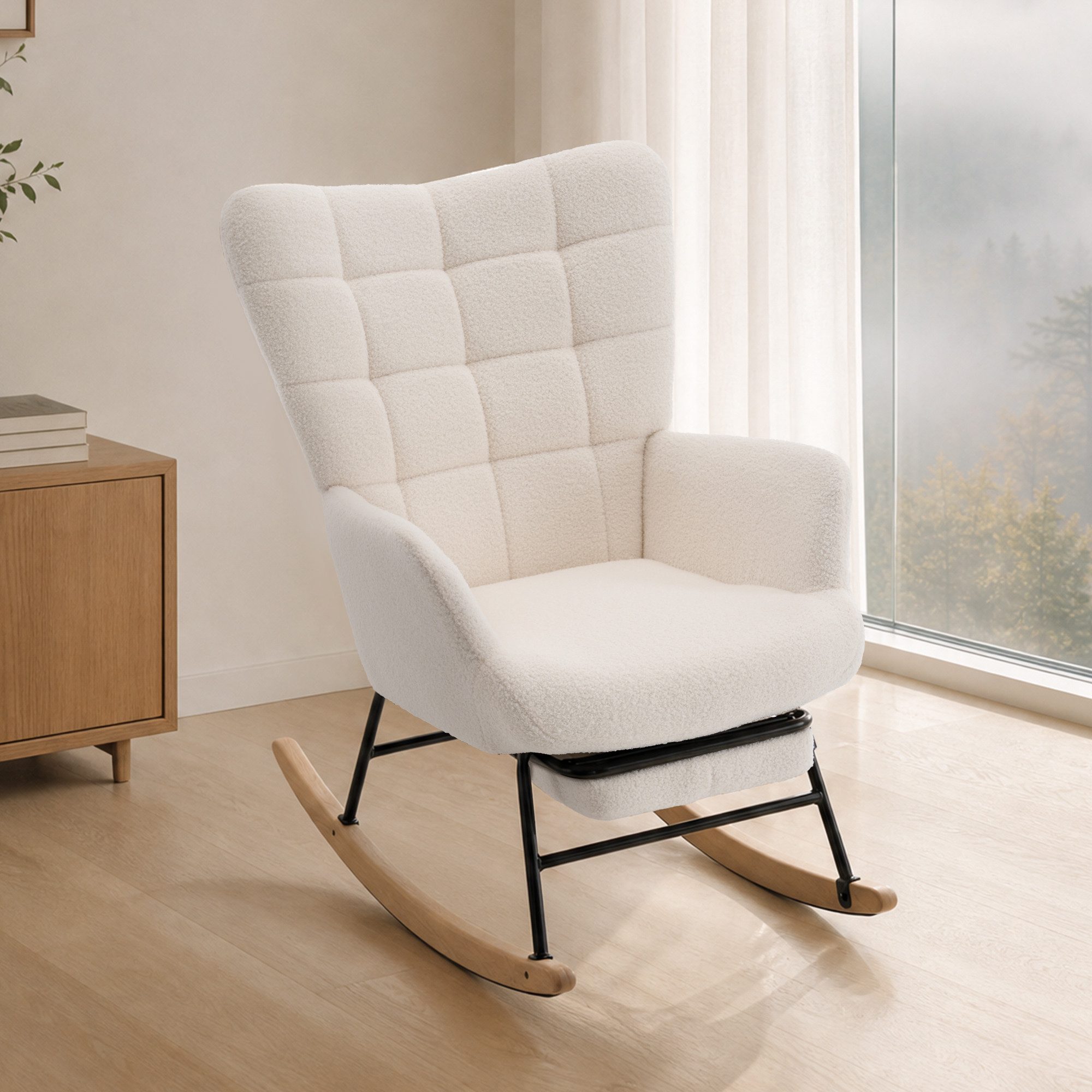 HAUSS SPOLE Schaukelstuhl mit ausziehbarer Fußstütze,Relaxsessel mit Schaukelfunktion,Beige (Relaxsessel Polstersessel mit Fußstützefunktion und Schaukelfunktion), Wohnzimmersessel mit geschwungenen Holzschaukelfüßen