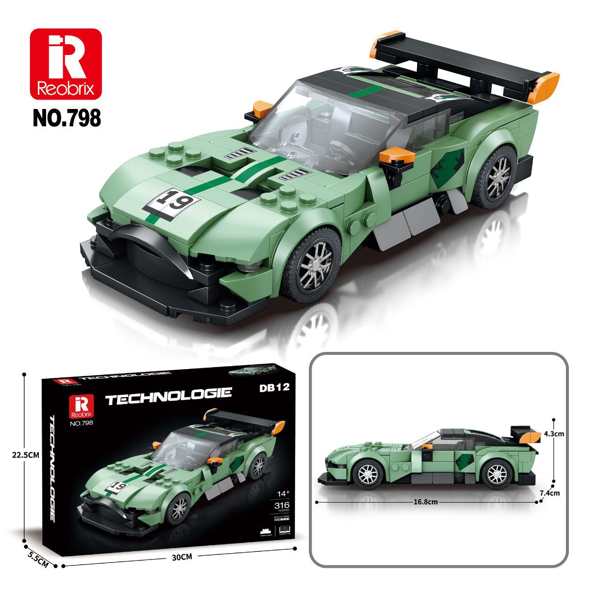 Reobrix 798 Spielbausteine, (316 St., Klemmbaustein Modellbausatz), 1:24 Sportwagen mit Türen zum Öffnen und Metallic Rädern