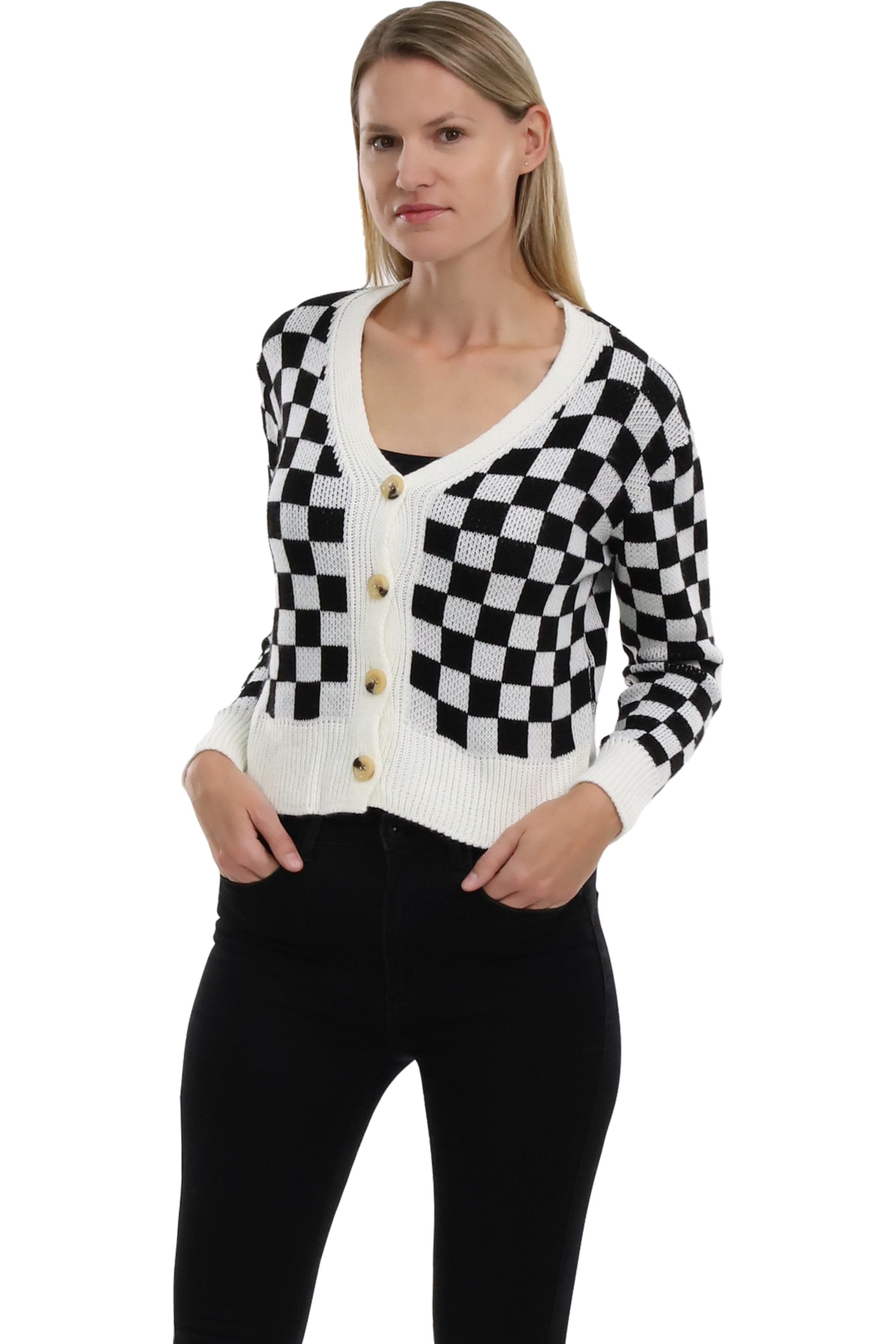 malito more than fashion Cardigan malito Damen Strickweste mit Knöpfen, Cardigan im eleganten Karodesig knöpfbare kurze Strickjacke im Karodesign