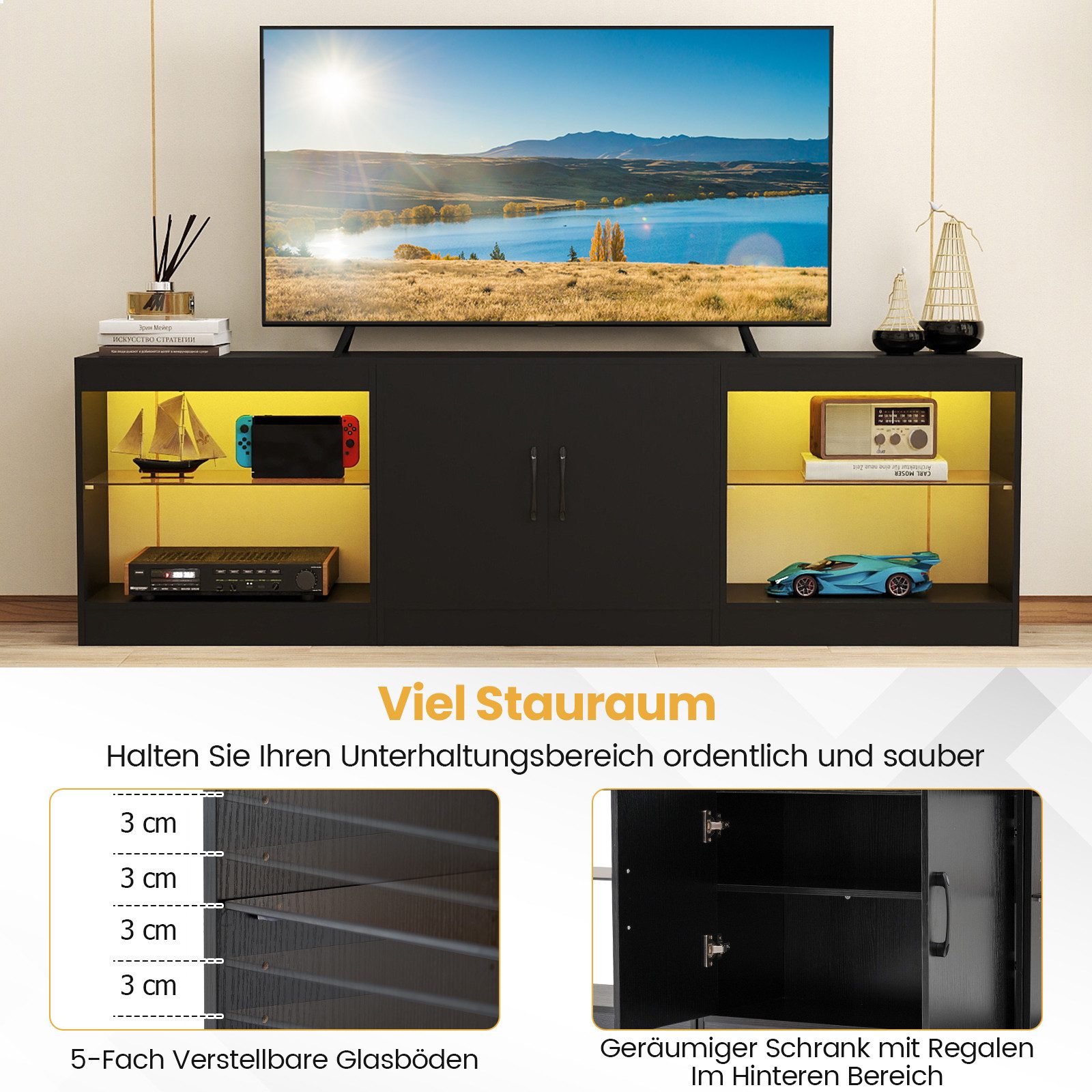 COSTWAY TV-Schrank mit LED & verstellbaren Glasregalen, Fernsehtisch 195 cm