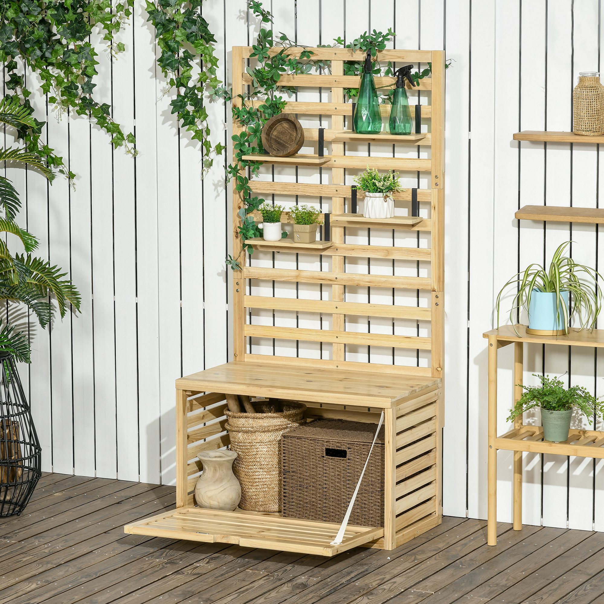 Outsunny Gartenbox Gartentruhe, Kissenbox mit Spalier, 4 Hängeregale (Aufbewahrungsbox, 1 St., Auflagenbox), mit Rankhilfe