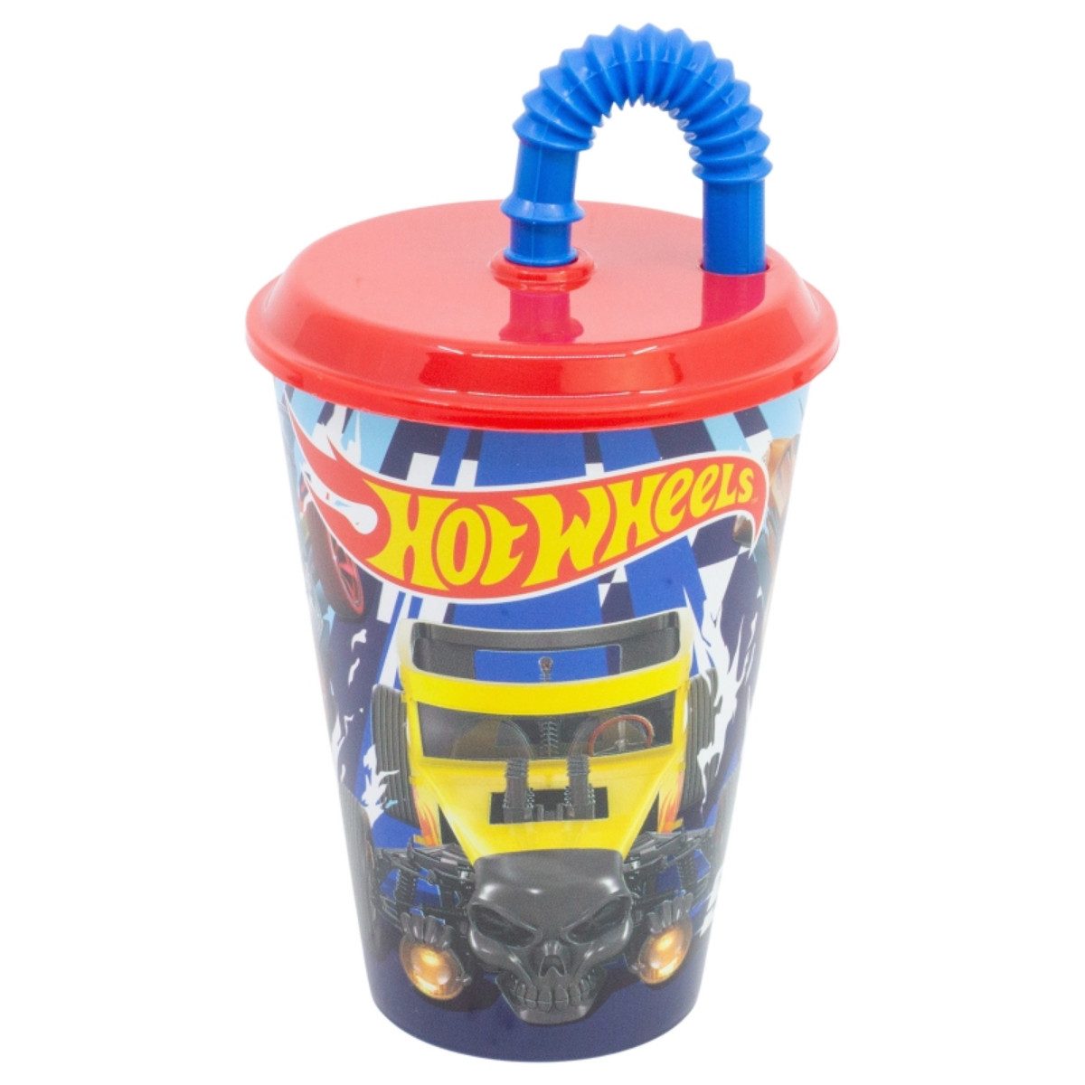 Hot Wheels Becher Trinkbecher 430 ml mit Deckel und Strohhalm, Polyethylen
