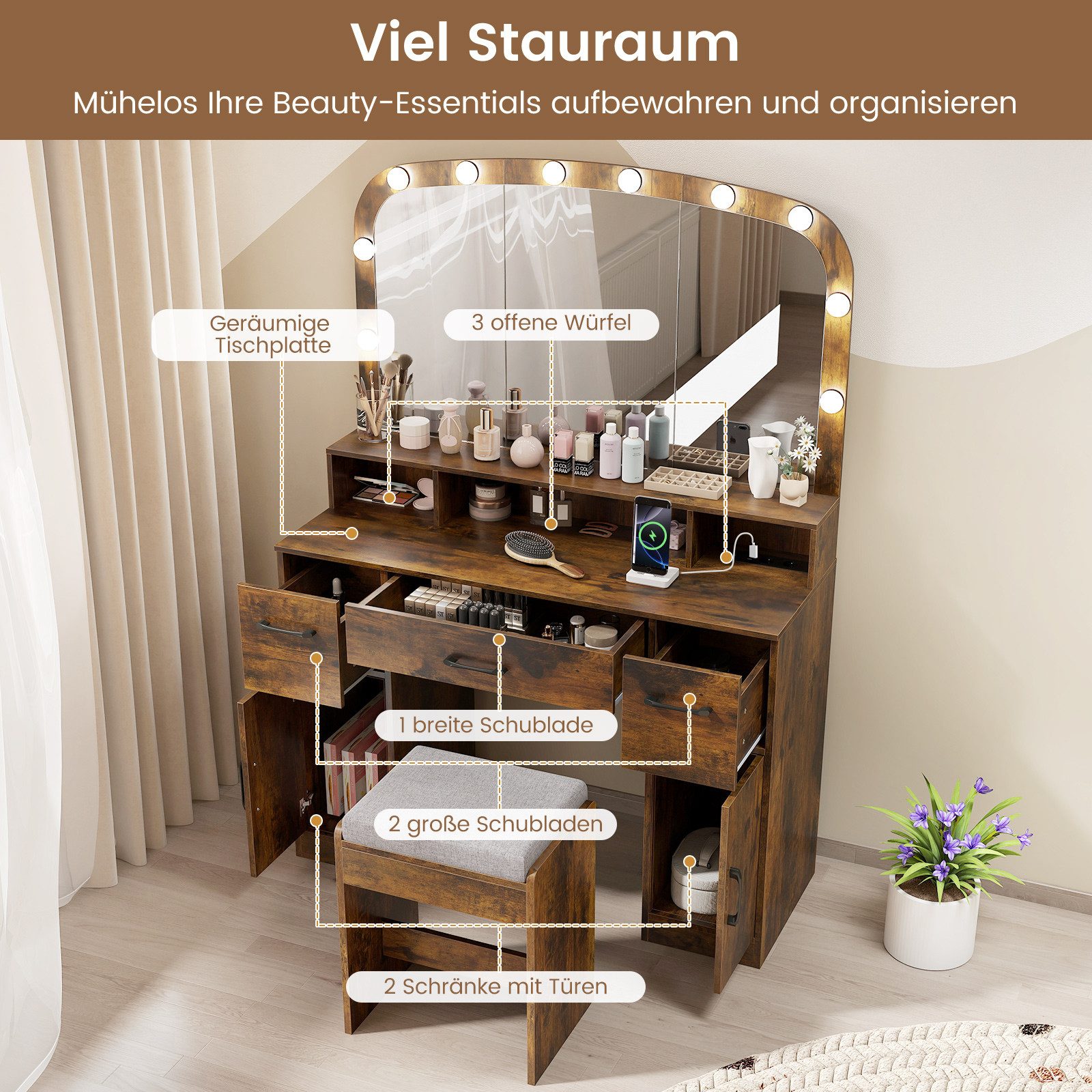 COSTWAY Schminktisch, Frisiertisch, mit Hocker, LED-Spiegel, Ladestation günstig online kaufen