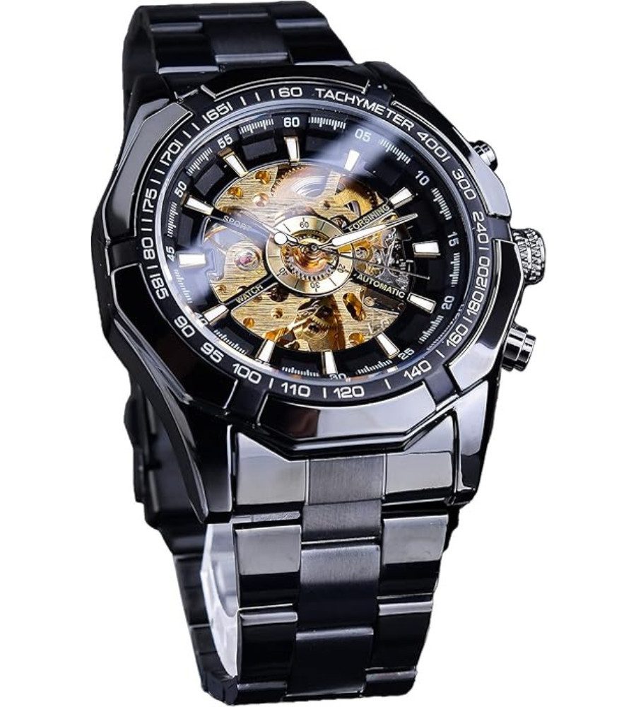 Rötting Design Automatikuhr Herrenuhr Automatikuhr Marke Forsining goldfarbenes Ziffernblatt, (inkl. Uhrenschatulle, auch zum Verschenken geeigent), Skelett Ziffernblatt, Edelstahl, schwarzes Design