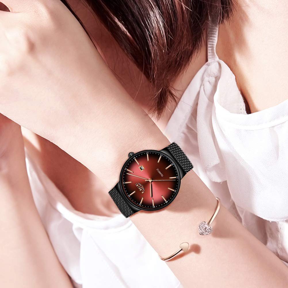 Quarz Mesh Dünne Uhr Rot wasserdichte Armbanduhr GelldG analoge Minimalistisch Mode