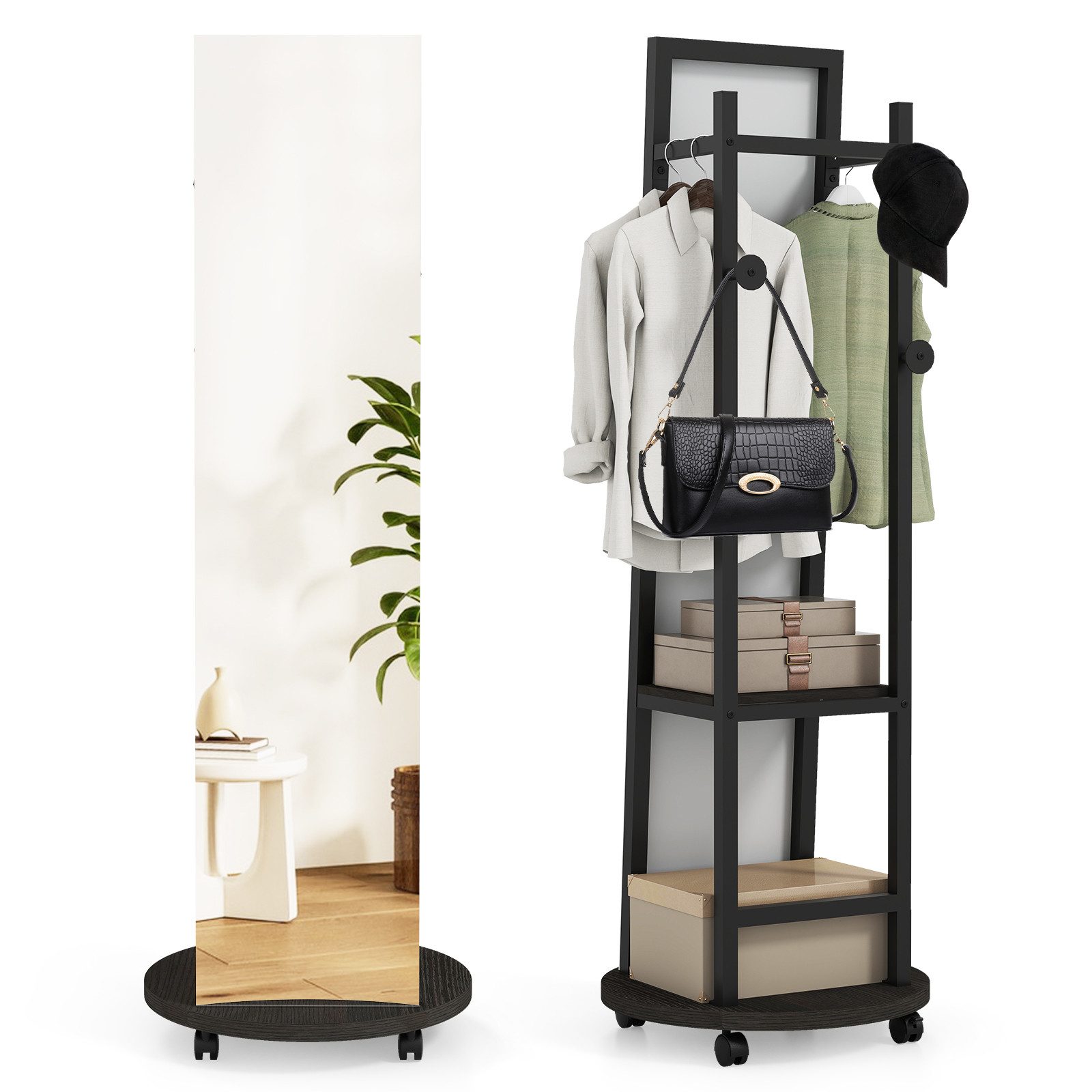 COSTWAY Kleiderständer, mit Ganzkörperspiegel 2in1, Standspigel, mit Ablage
