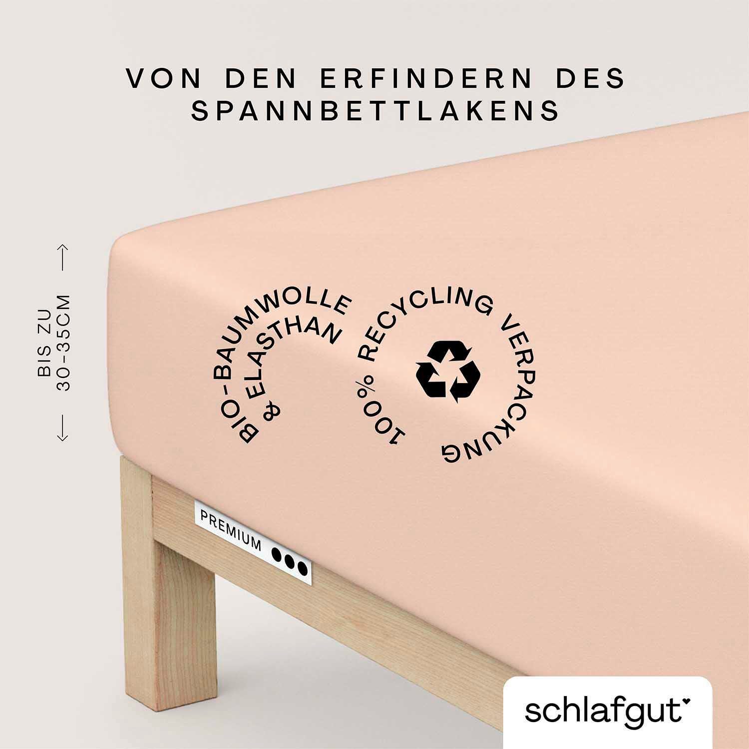 Schlafgut Spannbettlaken PREMIUM Mako-Zwirn-Jersey, 220 g/m², 95% Bio-Baumwolle, 5% Elasthan, Mako-Zwirn-Jersey, Gummizug: rundum, (1 Stück), Bettlaken bis 30 cm Höhe, PREMIUM-Qualität langlebig, perfekter Sitz
