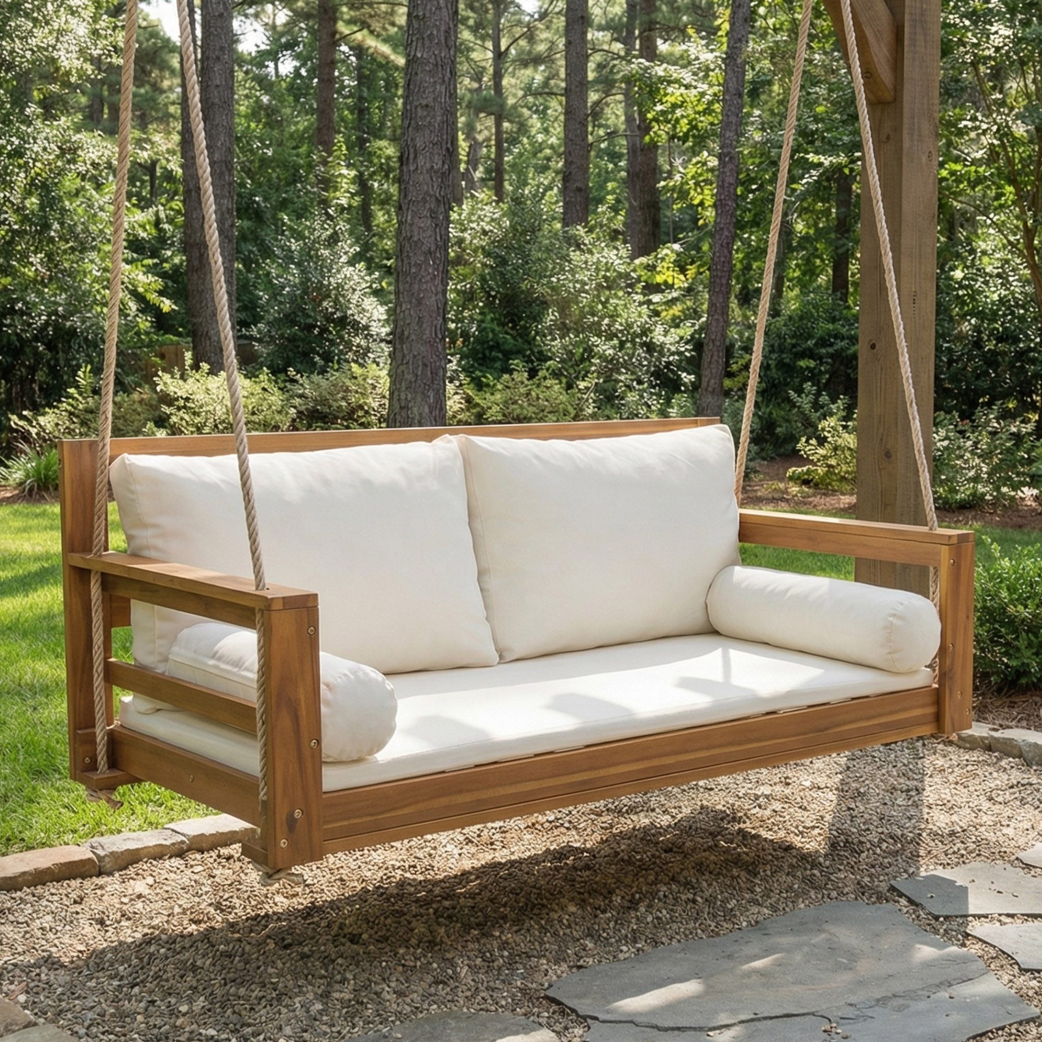 OKWISH Hängesessel Hängeschaukel mit abnehmbaren & waschbaren Kissen, 2 Seilen (1-St., Ohne Gestell für Garten & Außenbereich), Schaukel-Doppelsitz aus Akazienholz in Massivholz + Beige