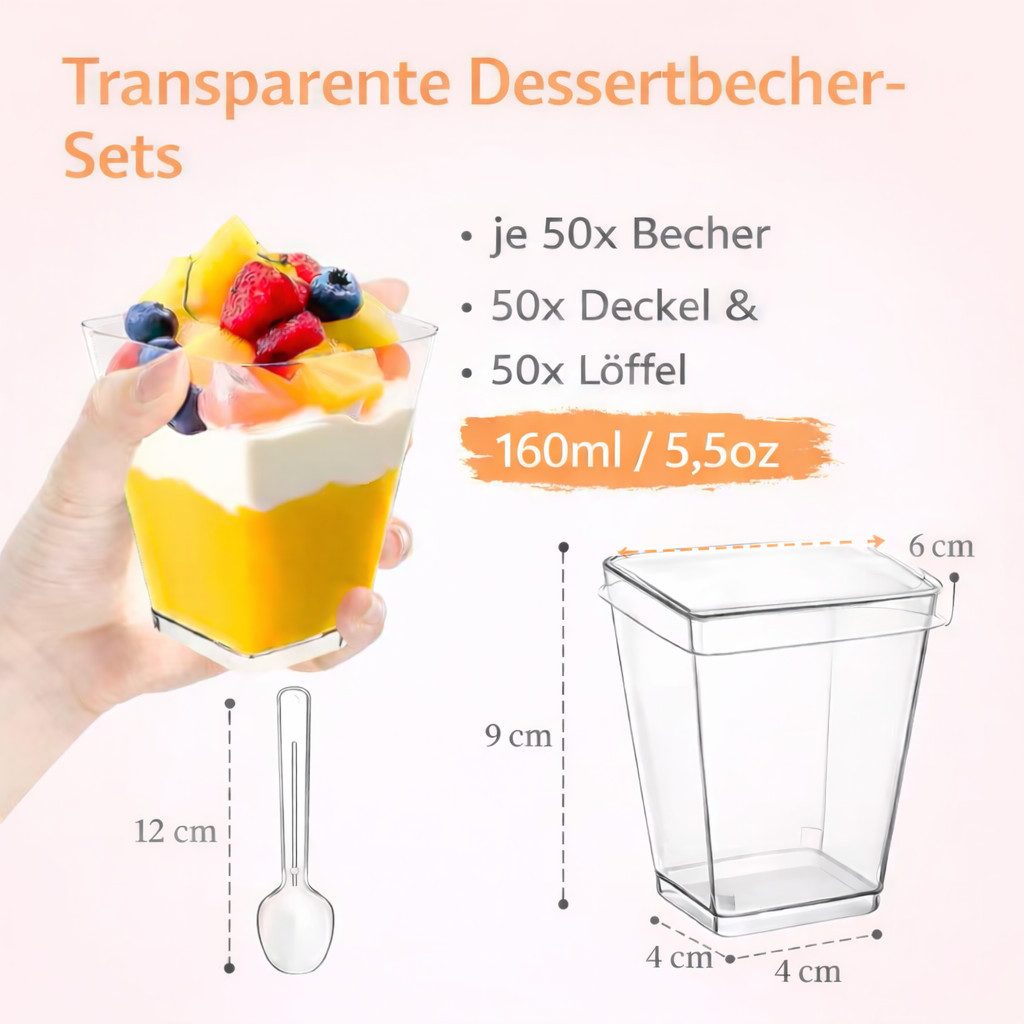 ILOKEN Dessertschale Dessertbecher Set 160ml – 150-tlg je 50 Becher, 50 Deckel & 50 Löffel, Komplettset für Desserts für Veranstaltungen