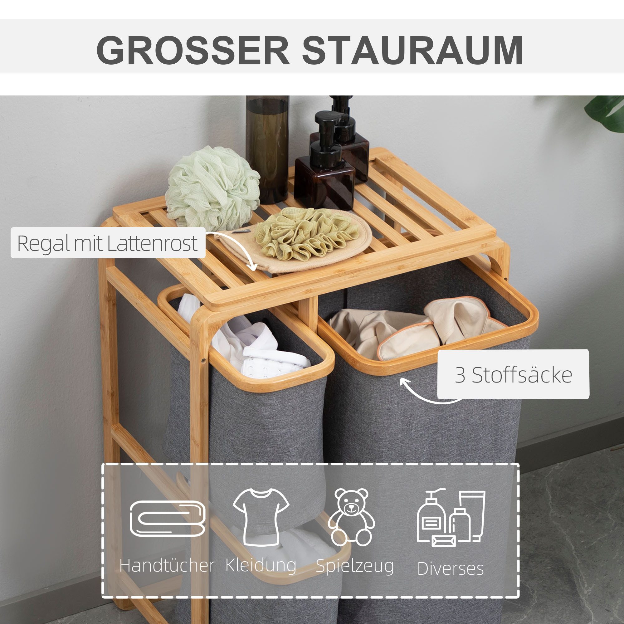 HOMCOM Wäschekorb mit Plattform Wäschesammler mit 3 abnehmbaren Wäschesacke (Wäschesortierer, 1 St., Wäschebox), Bambus Grau+Natur 50 x 32 x 69.7 cm – Bild 4 von 5