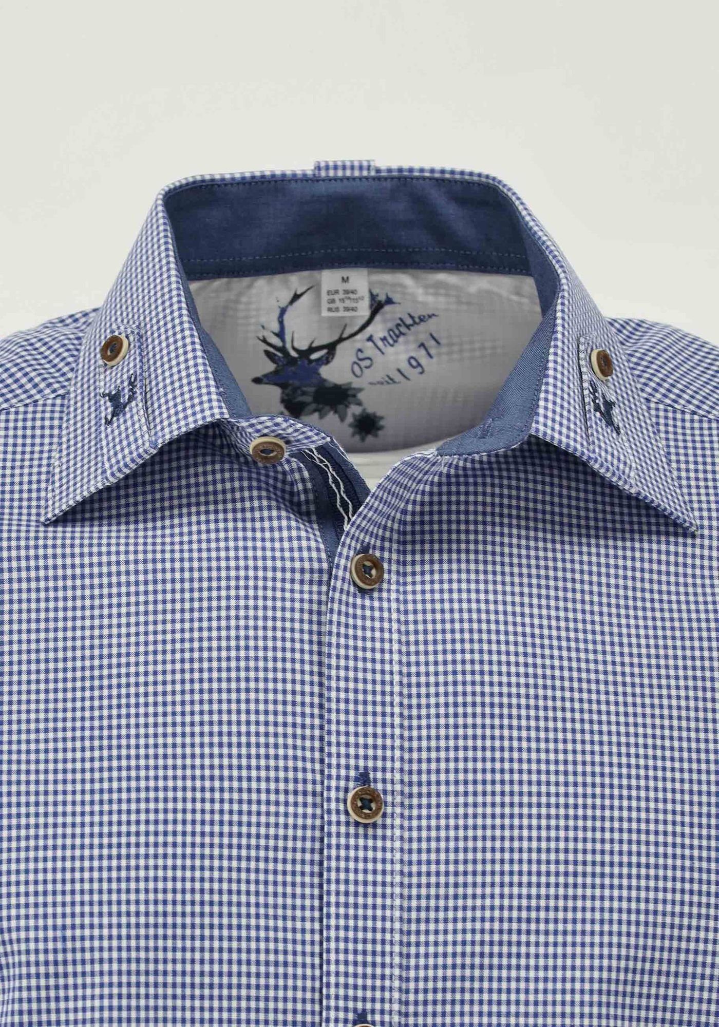 Hirsch-Stickerei auf Frusla Langarmhemd dem mit mittelblau OS-Trachten Kragenriegel Trachtenhemd
