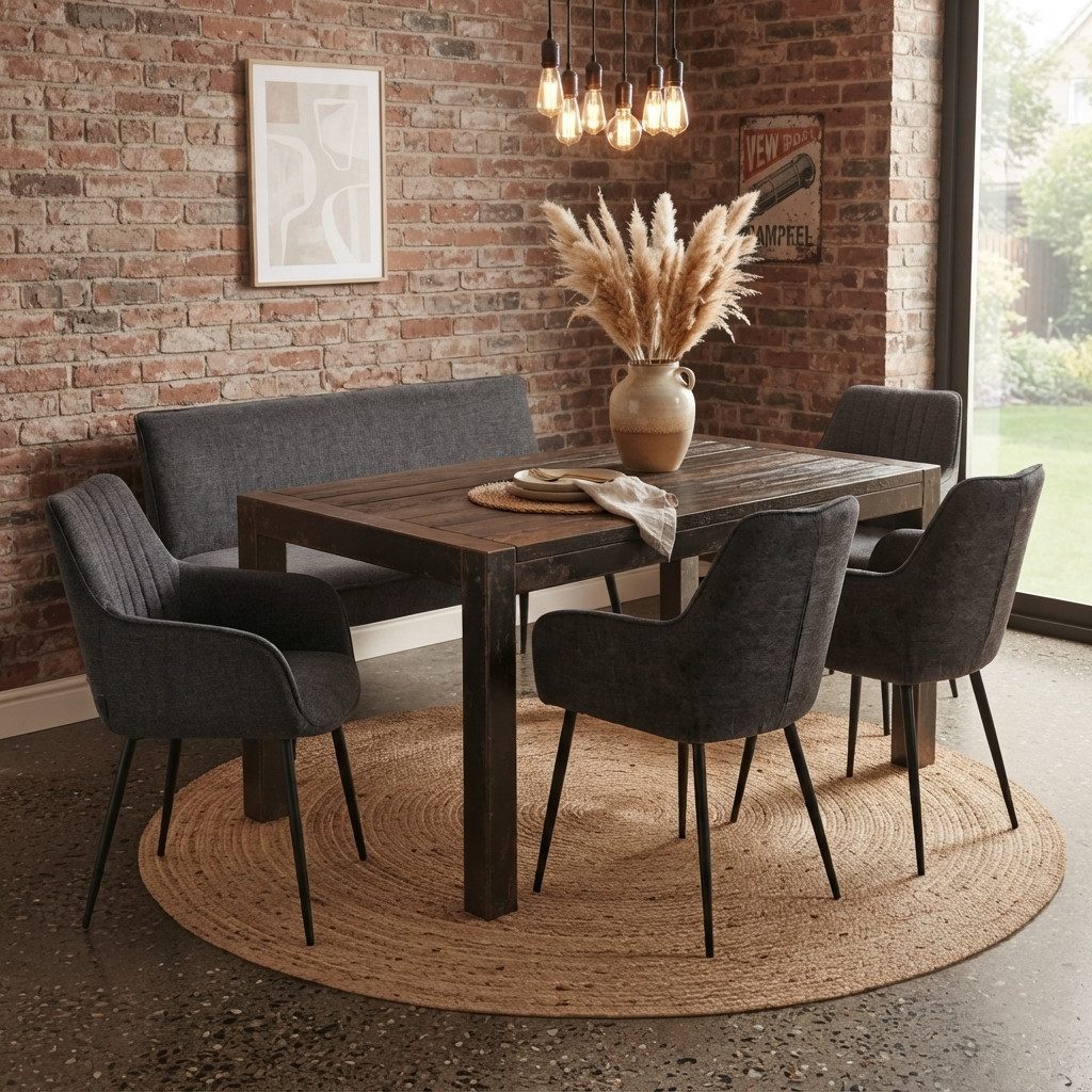 YOZI Essbank Essgruppe mit Sitzbank und 2/4 Stühlen, Dunkelgrau/Beige, Metallbeine (Set, Essbank und Stühle), Frei im Raum stellar