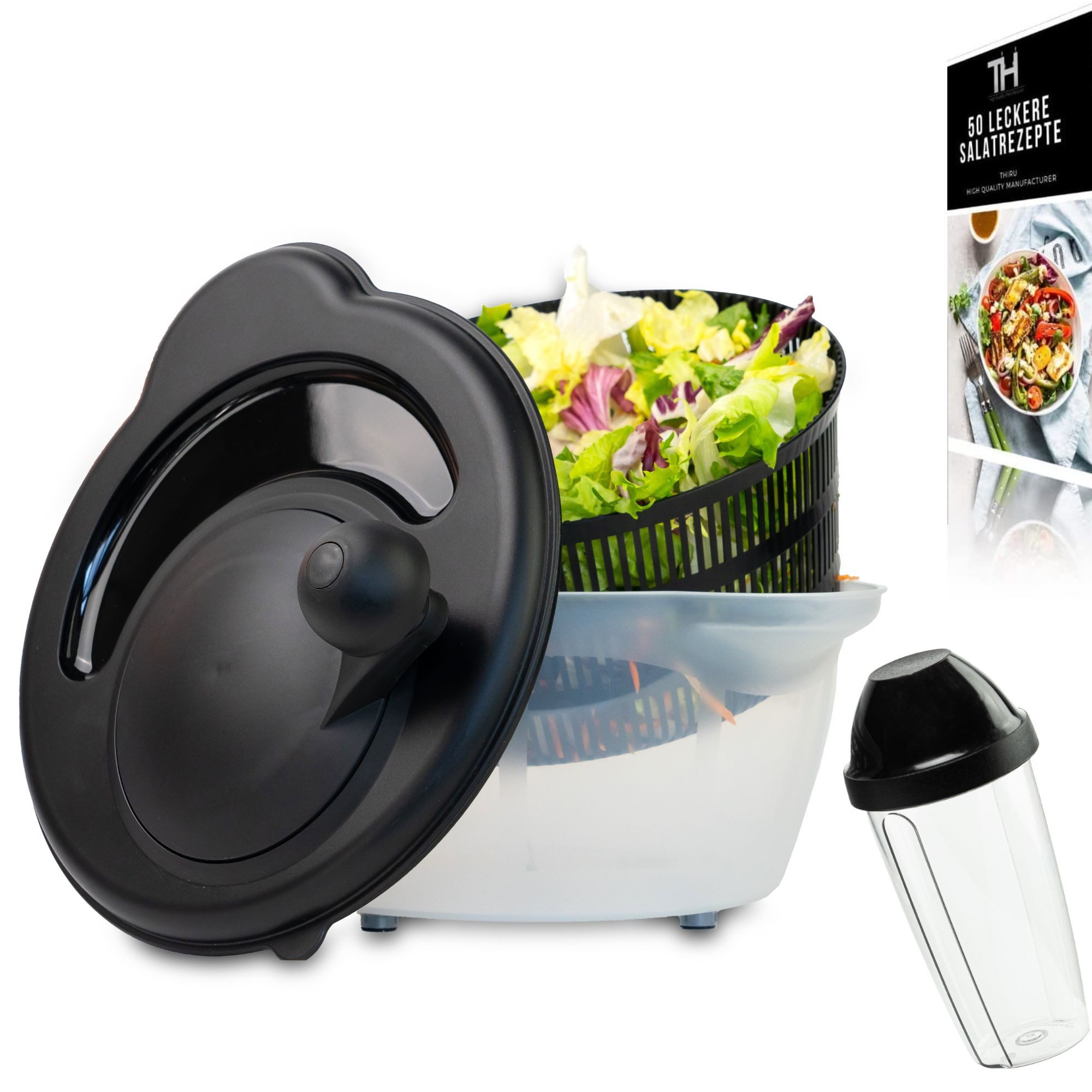 Thiru Salatschleuder Premium Salatschleuder 5L - Made in Germany - BPA Frei, 5 Liter, BPA frei, Rutschfest, Leichtes Kurbeln