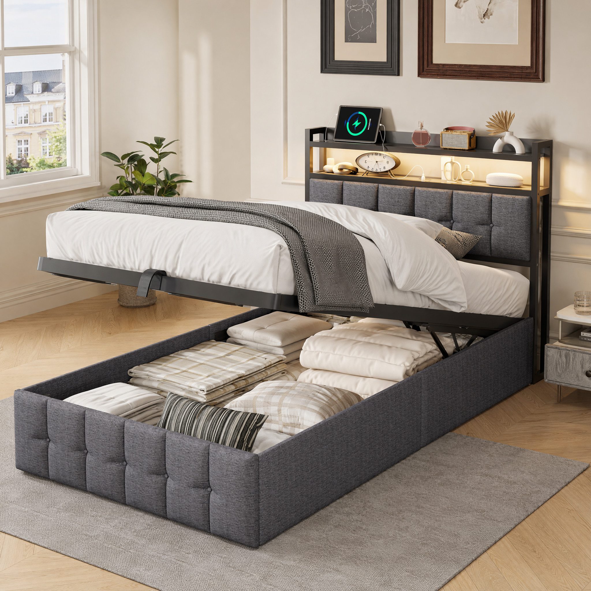 Simurq Polsterbett 90x200 mit Bettkasten, Einzelbett, Jugendbett, Bettgestell