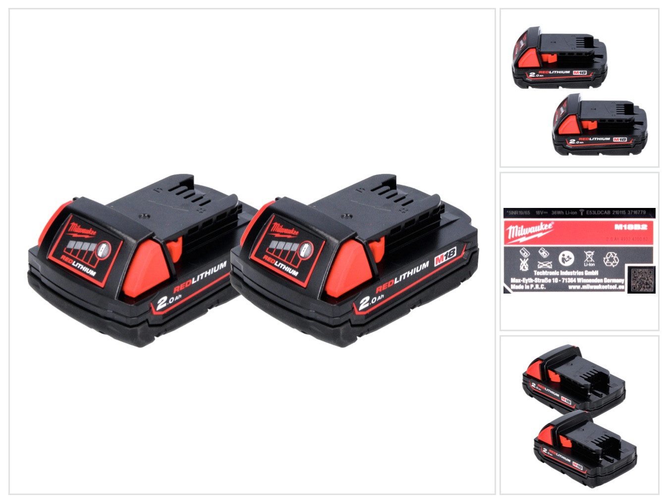 Milwaukee M18 B2 Akku Set 18 V 2x 2,0 Ah / 2000 mAh RED Li-Ion (2x 4932430062 Akkupacks