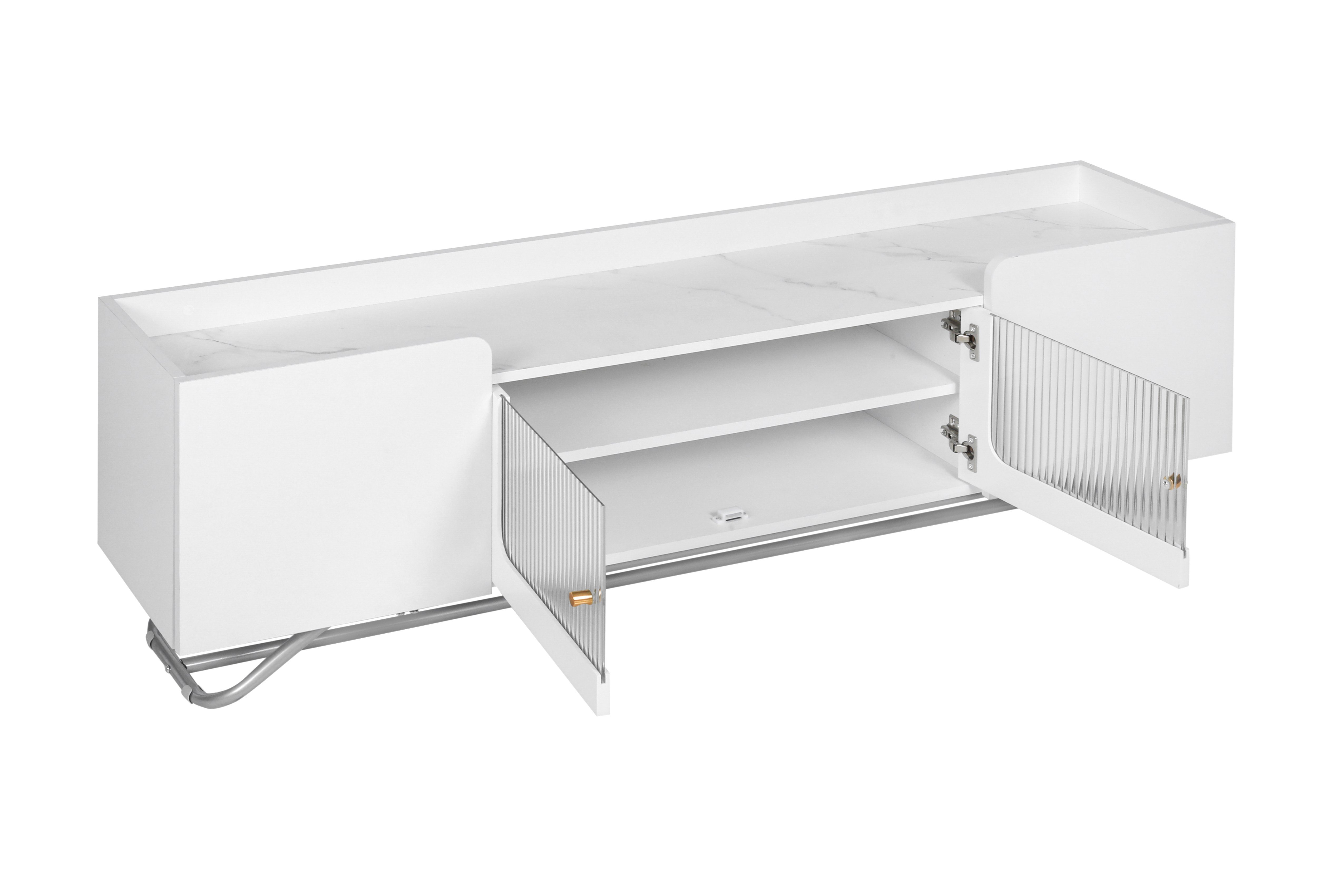 Lowboard (TV Schrank mit 4 Türen und 2 Regal), Hochglanz Tischplatte in Marmoroptik und schöne Glastür, Breite 150 cm