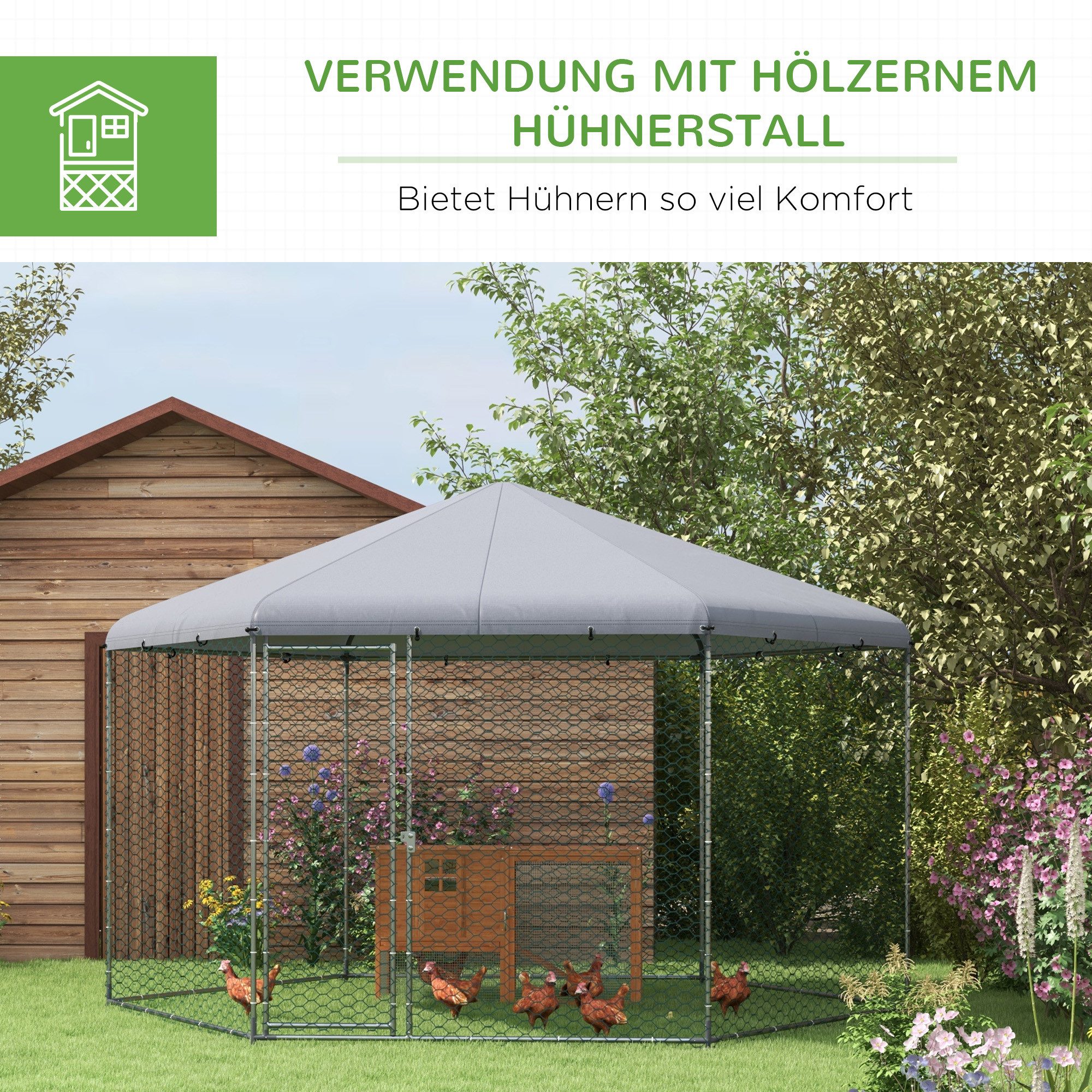 PawHut Hühnerstall Freilaufgehege Stahl, Hühnerkäfig mit Wasserabweisend Abdeckung, für 10-15 Hühner, Kleintiere, Grau – Bild 5 von 5