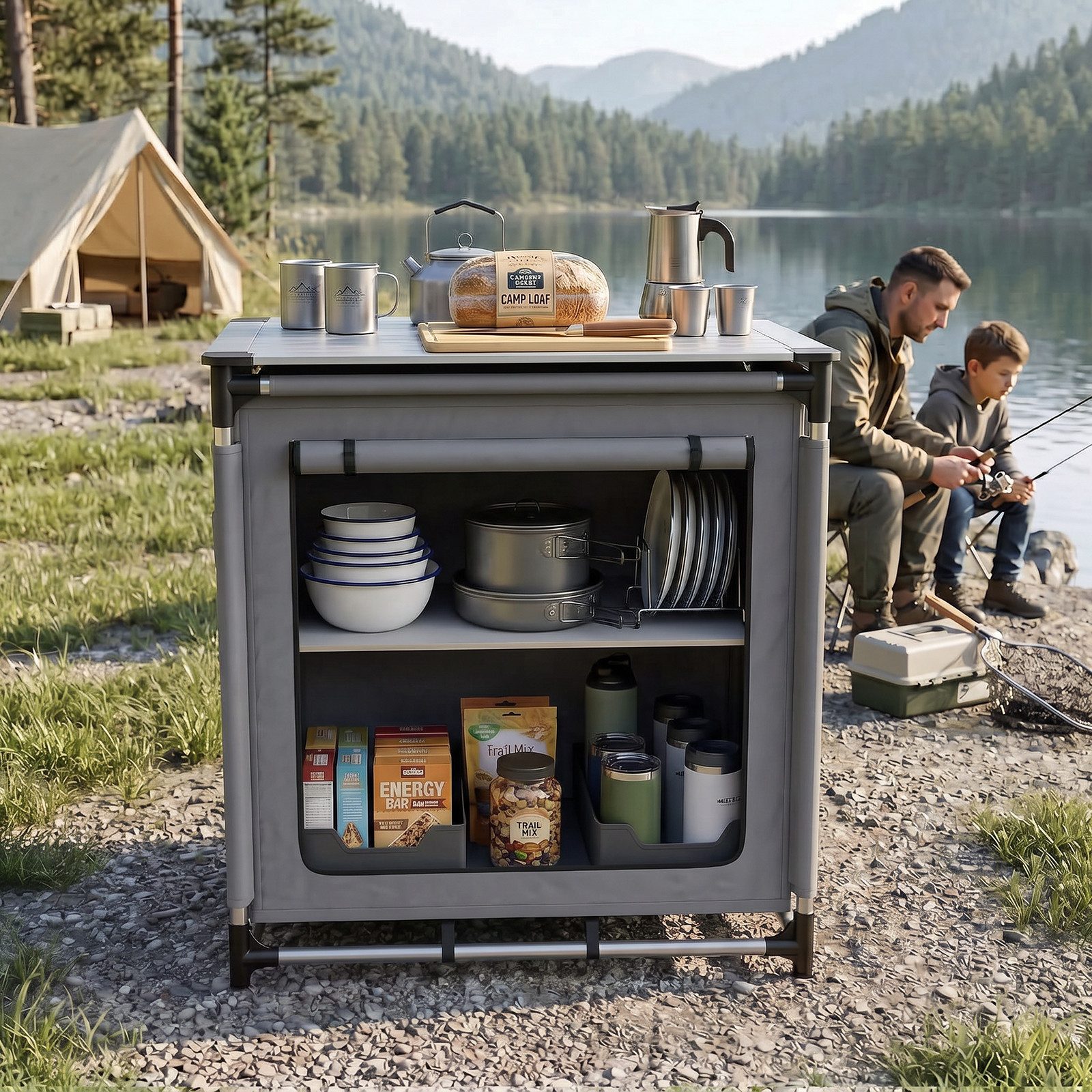 Sekey Campingschrank Faltbar Campingküche mit Aluminiumgestell und Aluminium-Arbeitsplatte Campingtisch mit 2 Fächern, leicht transportierbarer Reiseküche – Bild 5 von 5