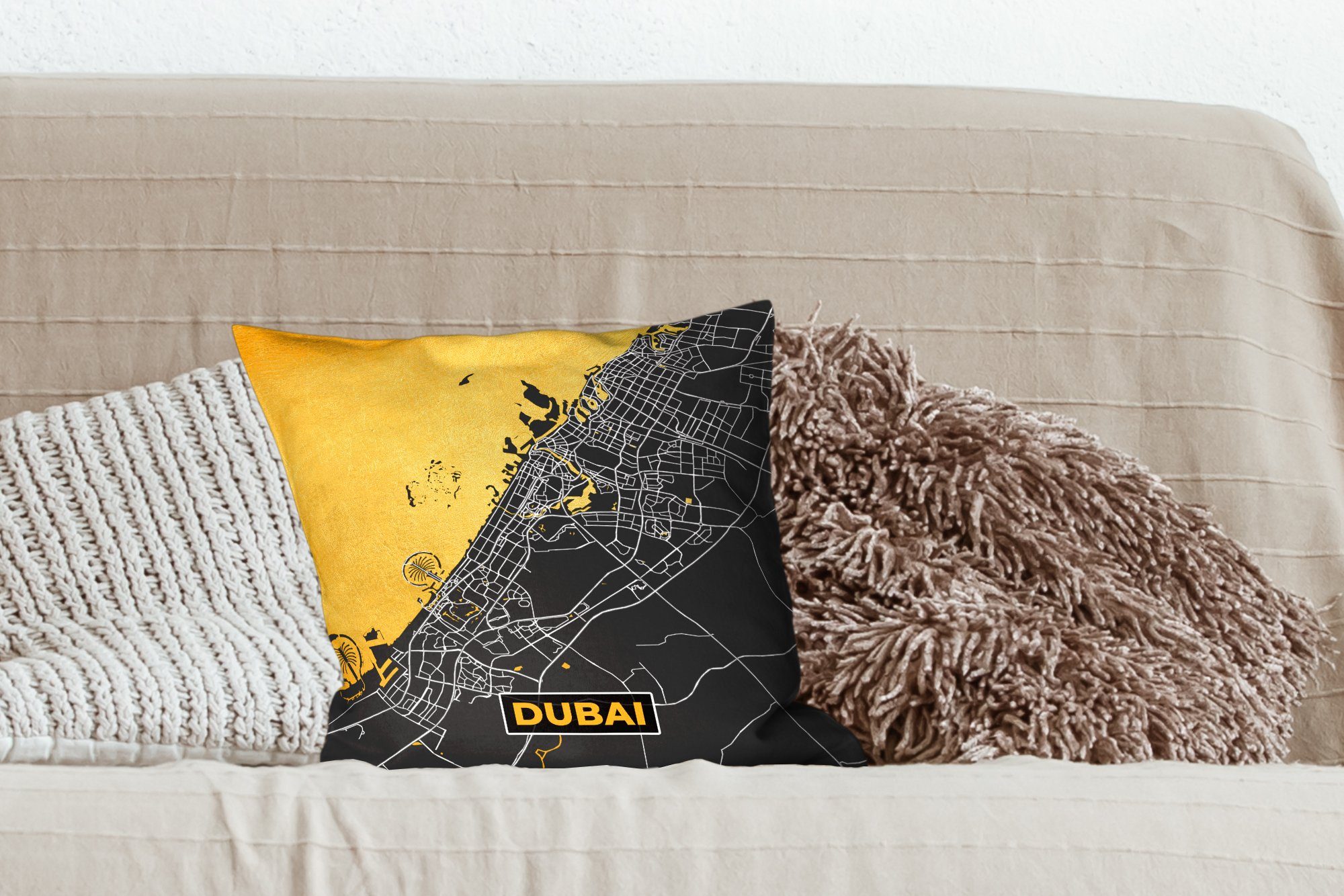 MuchoWow Dekokissen Dubai Sofakissen mit Stadtplan Wohzimmer, Zierkissen Füllung Karte, - - Deko, für Gold Schlafzimmer, 