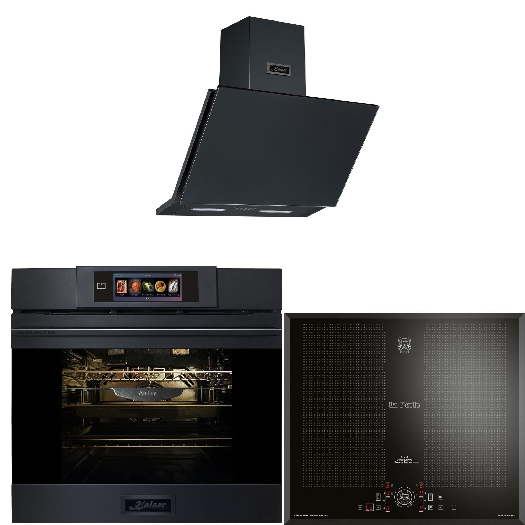 Kaiser Küchengeräte Backofen-Set Herd Set Autark Einbaubackofen XXL Multi 29, Multifunktions-Elektro-Backofen mit Pyrolyse und Dampfreinigung, 60 cm+ Induktions-Kochfeld 60 cm FREE ZONE mit 2 FLEX Induktions-Zonen+Dunstabzugshaube 60cm 1250m³/h Schwarz matt EH 6347+KCT 61 FI+AT 6455 s, mit 1-fach-Teleskopauszug