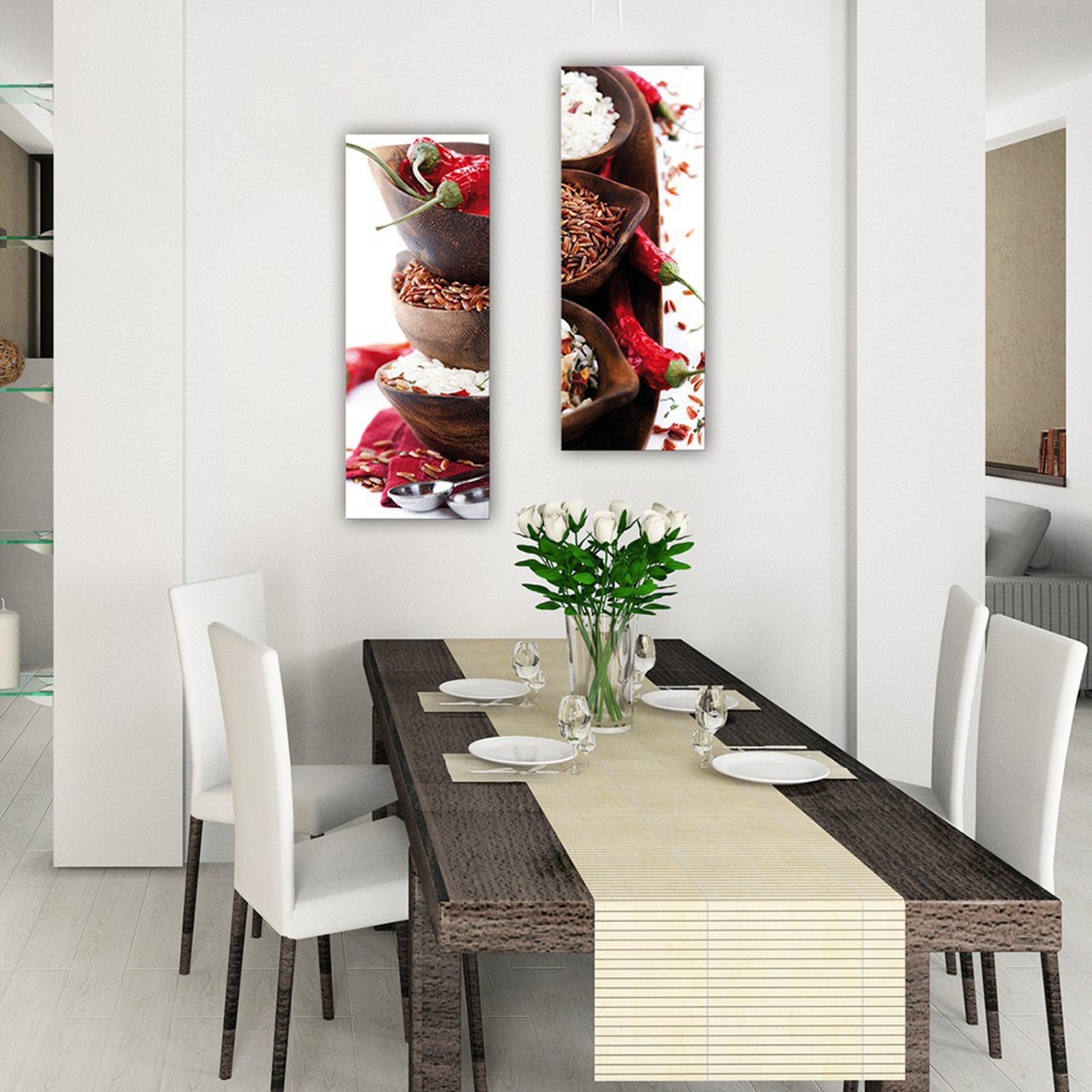 artissimo Glasbild Glasbild Küche 30x80cm Trinken: Essen Hochformat Reis, II und Küchenbild Chilli
