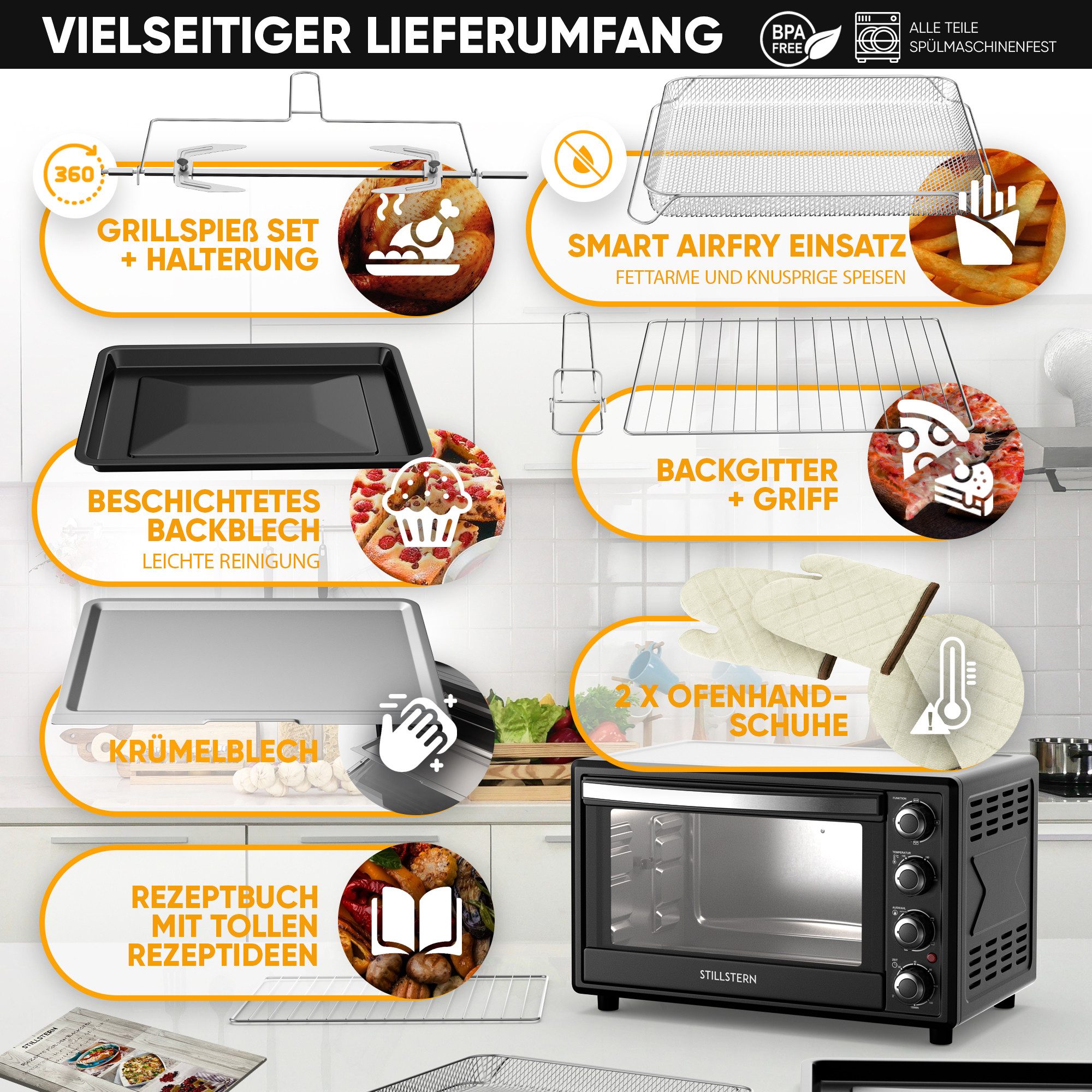Stillstern Minibackofen MB35-MX 2G (35L) Deutsche Version, Ofenhandschuhe, Rezeptheft, Drehspieß, Timer, Innenbeleuchtung