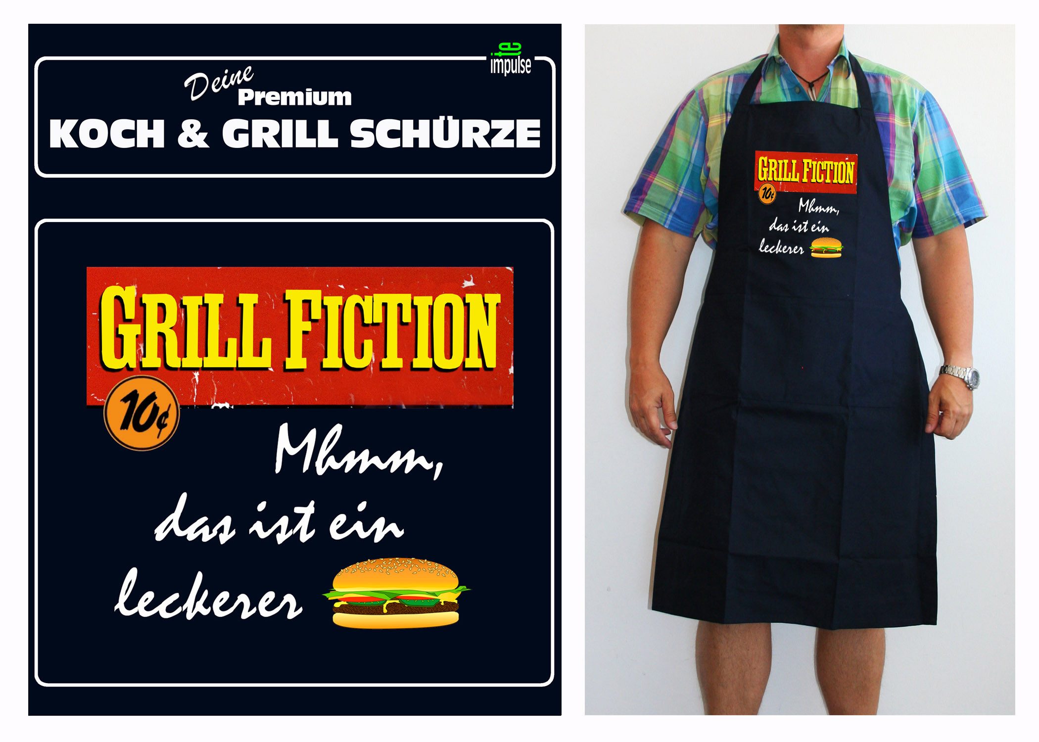 teprovo Grillschürze Kochschürze Schürze 116cm Dunkelblau Grill Fiction, (1-tlg., integrierte Taschen), mit Motiv und Spruch