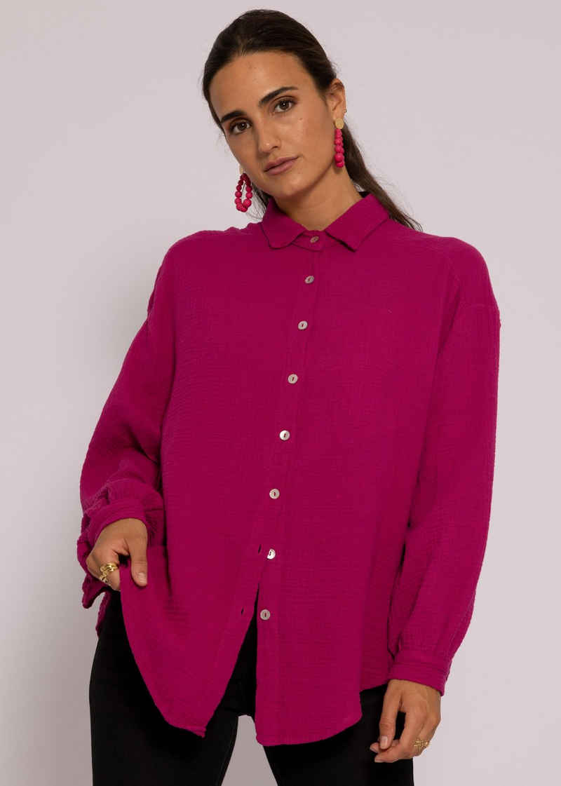 SASSYCLASSY Longbluse Oversize Musselin Bluse Damen Langarm Hemdbluse lang aus Baumwolle mit V-Ausschnitt, One Size (Gr. 36-48)