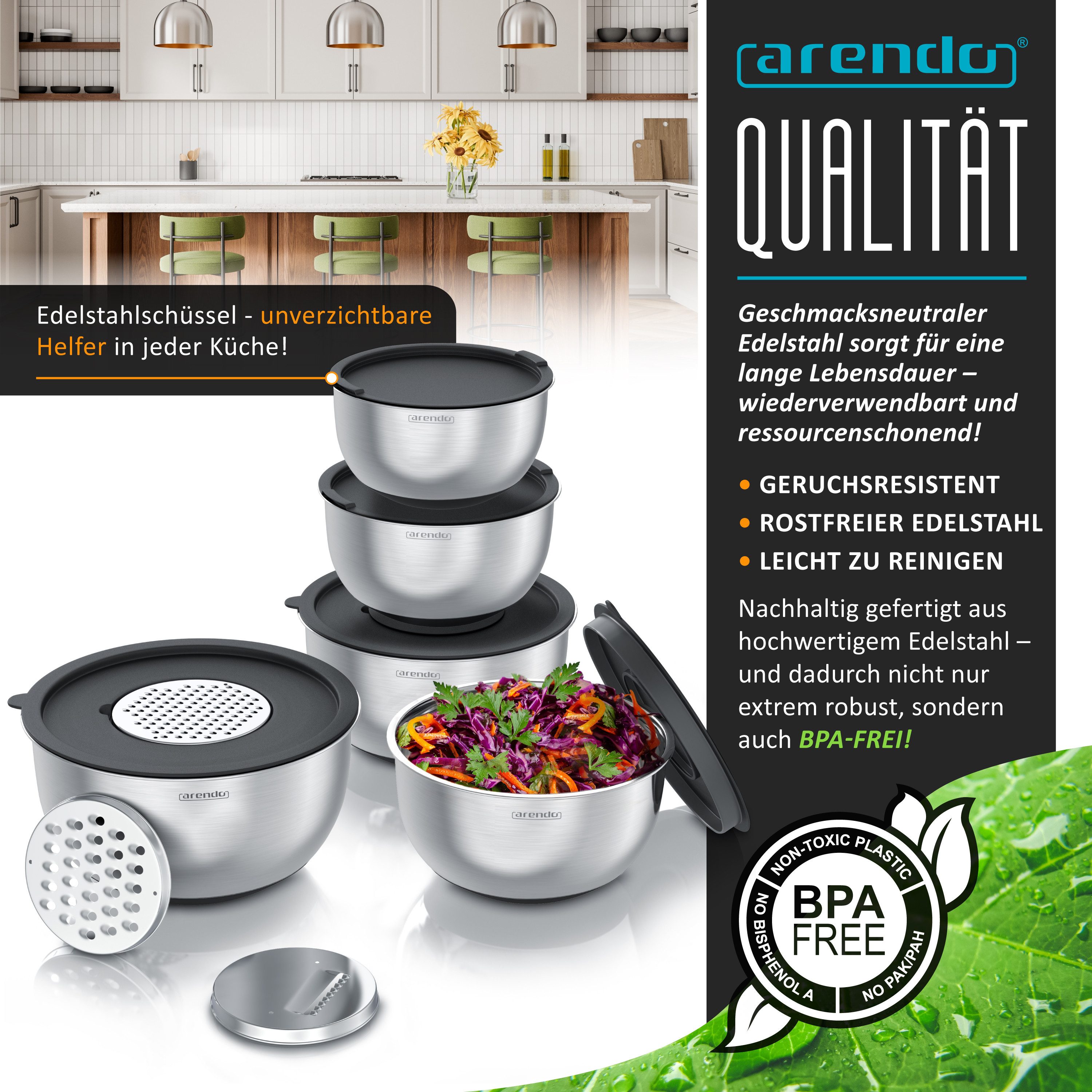 Arendo Salatschüssel 5er Set mit Deckel, Edelstahl Salatschüsseln 1,6 bis 5 L, Rührschüssel, Edelstahl, (Set, 5-tlg), Edelstahlschüssel, 3 Reibaufsätze spülmasc – Bild 3 von 5