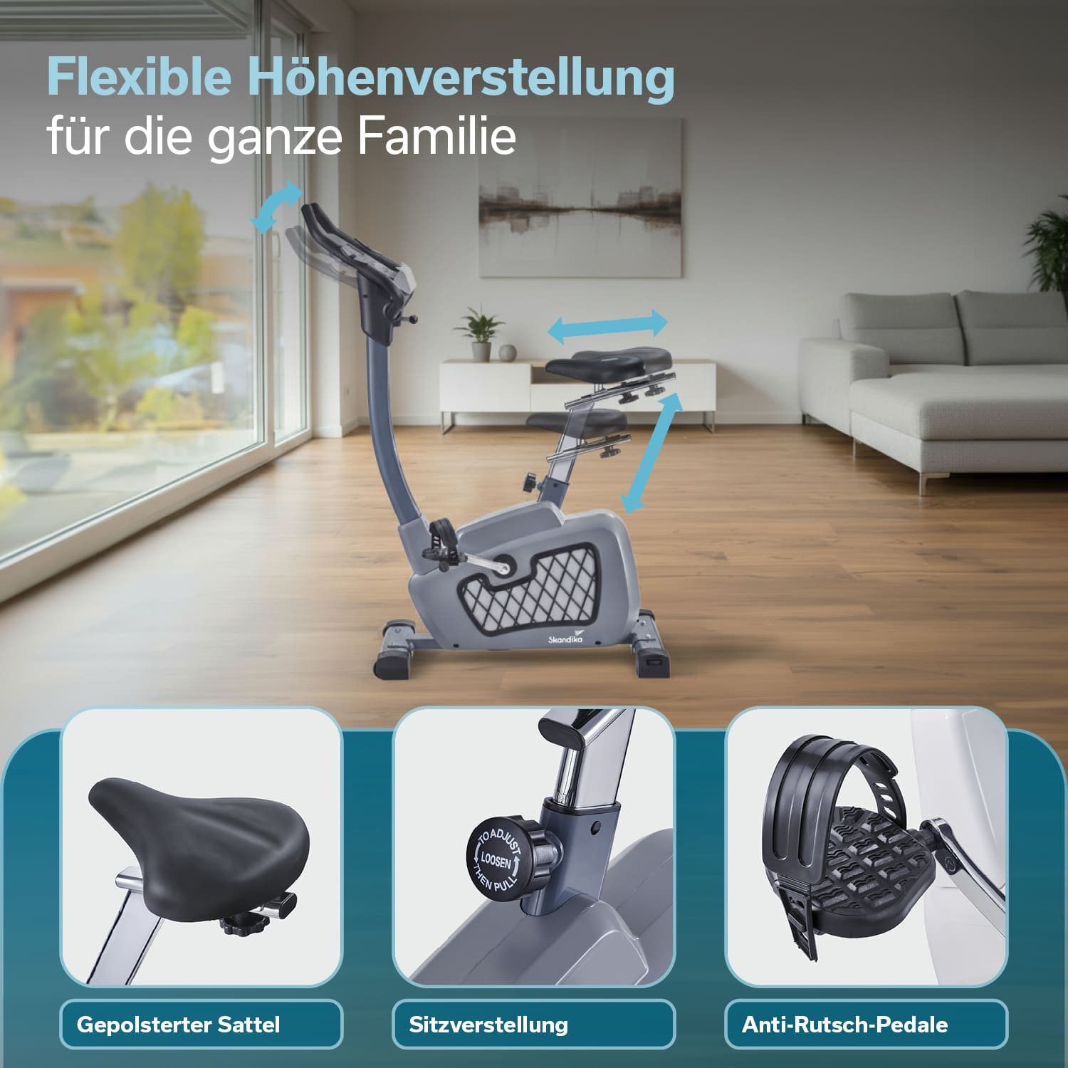 Skandika Ergometer Wiry Fahrrad für Zuhause, 11kg Schwungmasse, Transportrollen (Max. Benutzergewicht 130 kg, Max. Benutzergröße 180 cm), Magnetisches Bremssystem, 24 Trainingsprogramme, Bluetooth, Kinomap