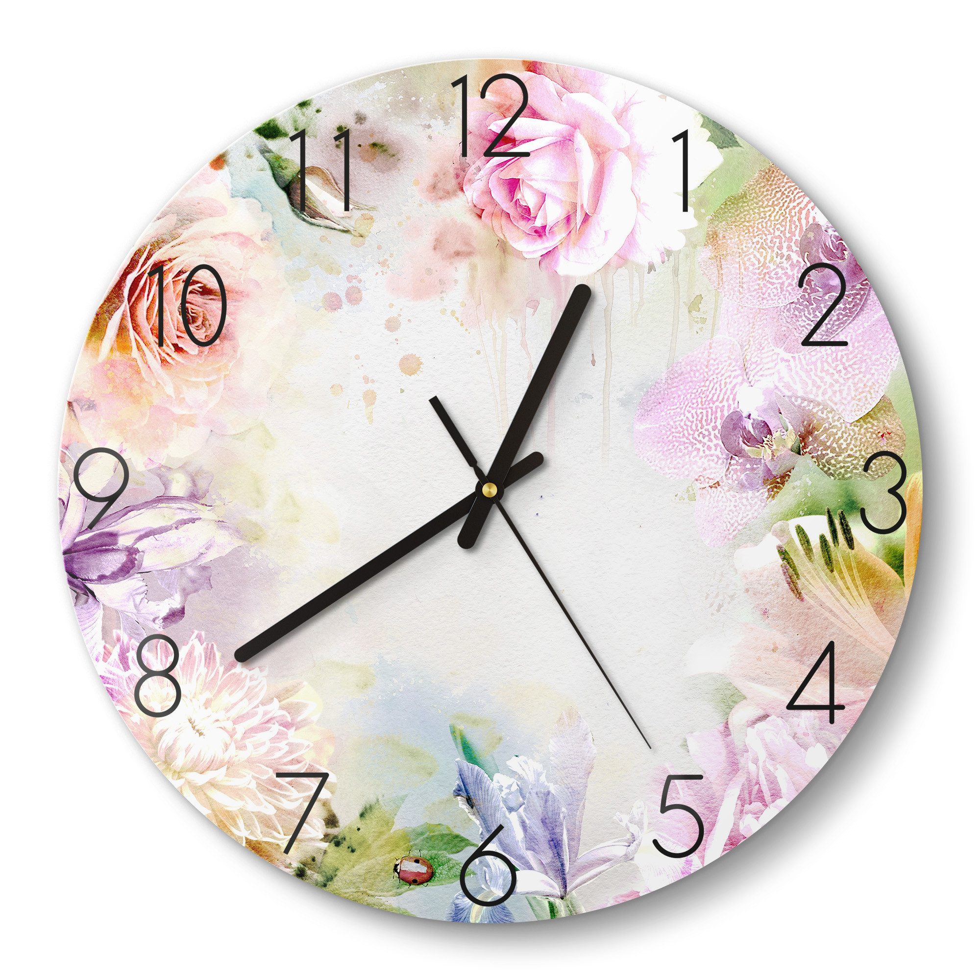 DEQOART Wanduhr 'Zauberhaftes Blumenmeer' (Glas Glasuhr modern Wand Uhr Design Küchenuhr)